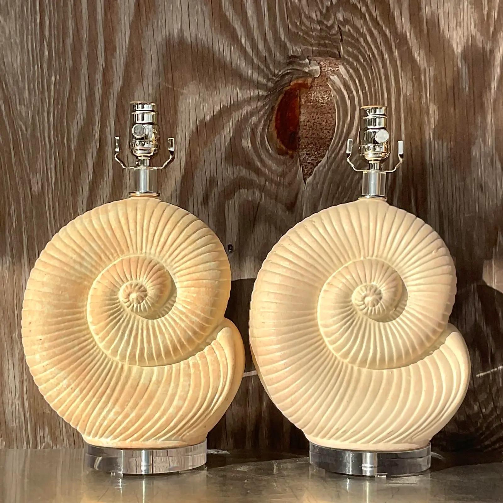 Vintage Coastal Plaster Nautilus Shell Lamps, Pair In Good Condition In West Palm Beach, FL