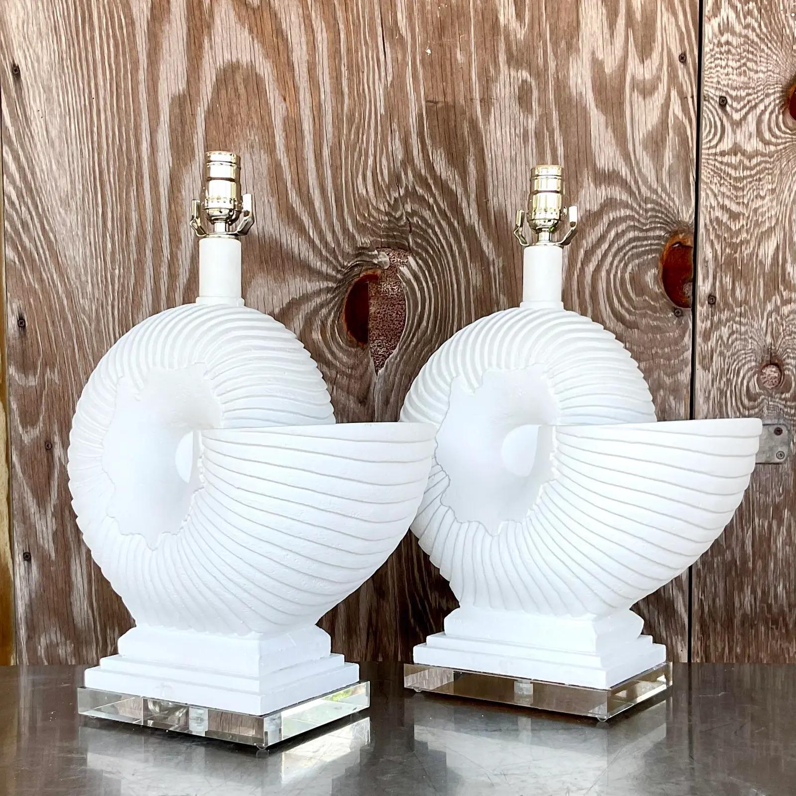 Vintage Coastal Plaster Nautilus Shell Lamps - a Pair In Good Condition For Sale In west palm beach, FL