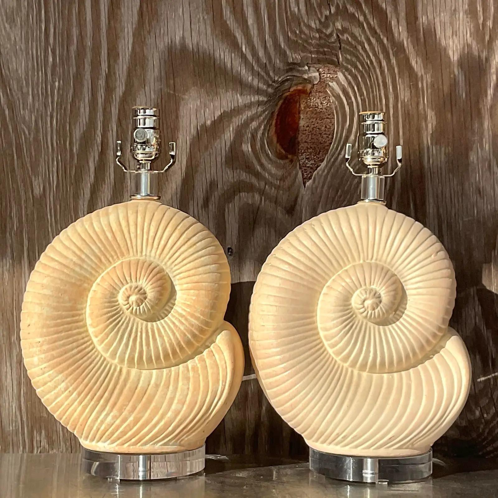Late 20th Century Vintage Coastal Plaster Nautilus Shell Lamps, Pair