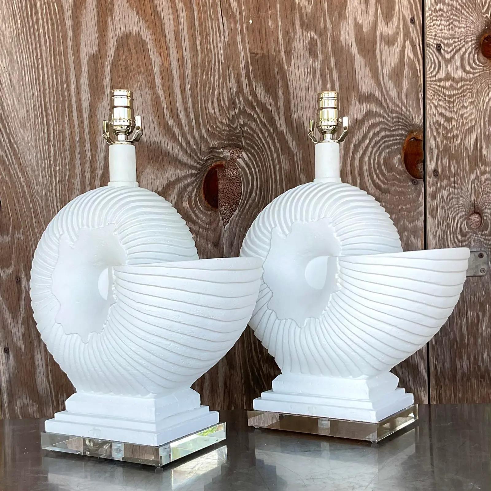 20th Century Vintage Coastal Plaster Nautilus Shell Lamps - a Pair For Sale