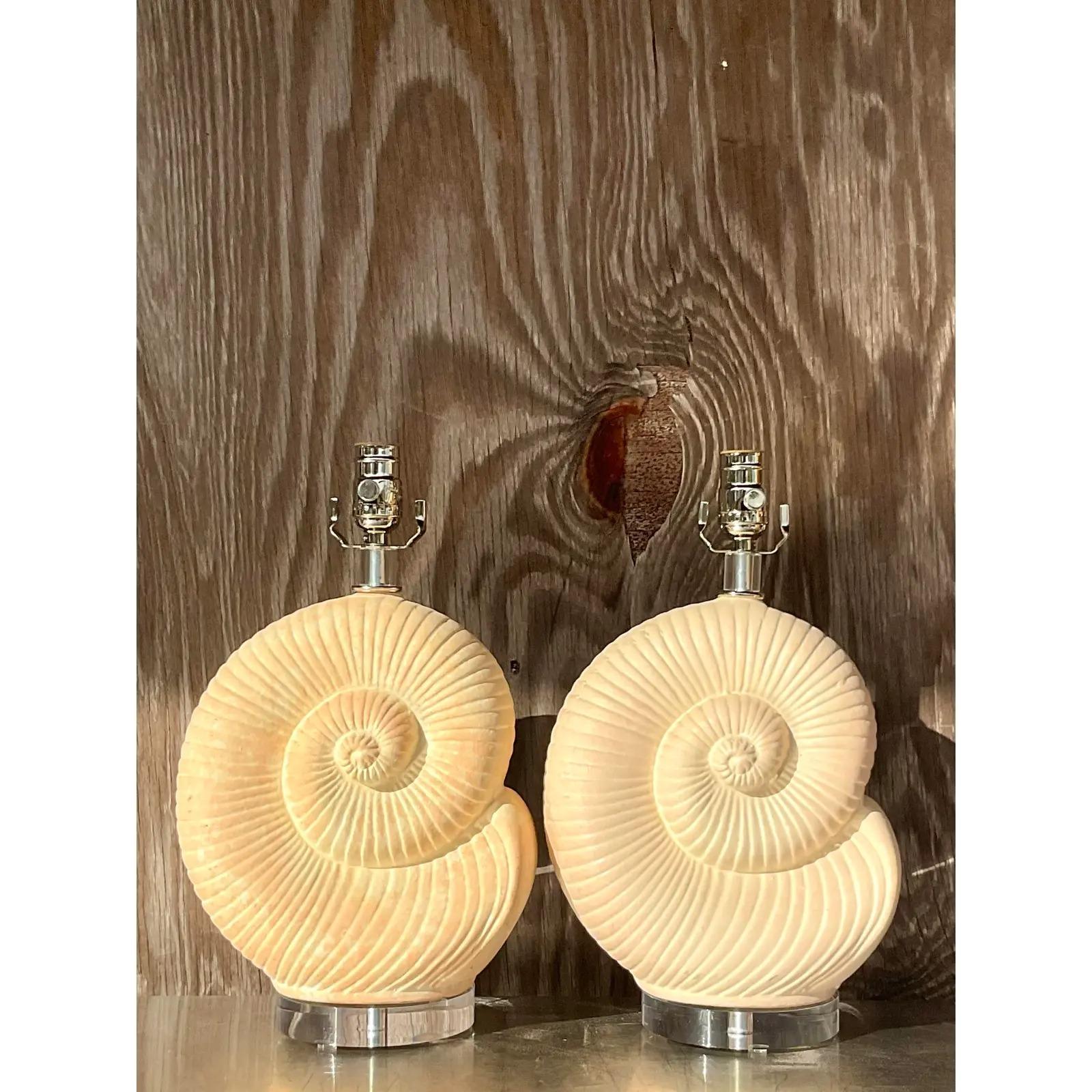 Vintage Coastal Plaster Nautilus Shell Lamps, Pair 1