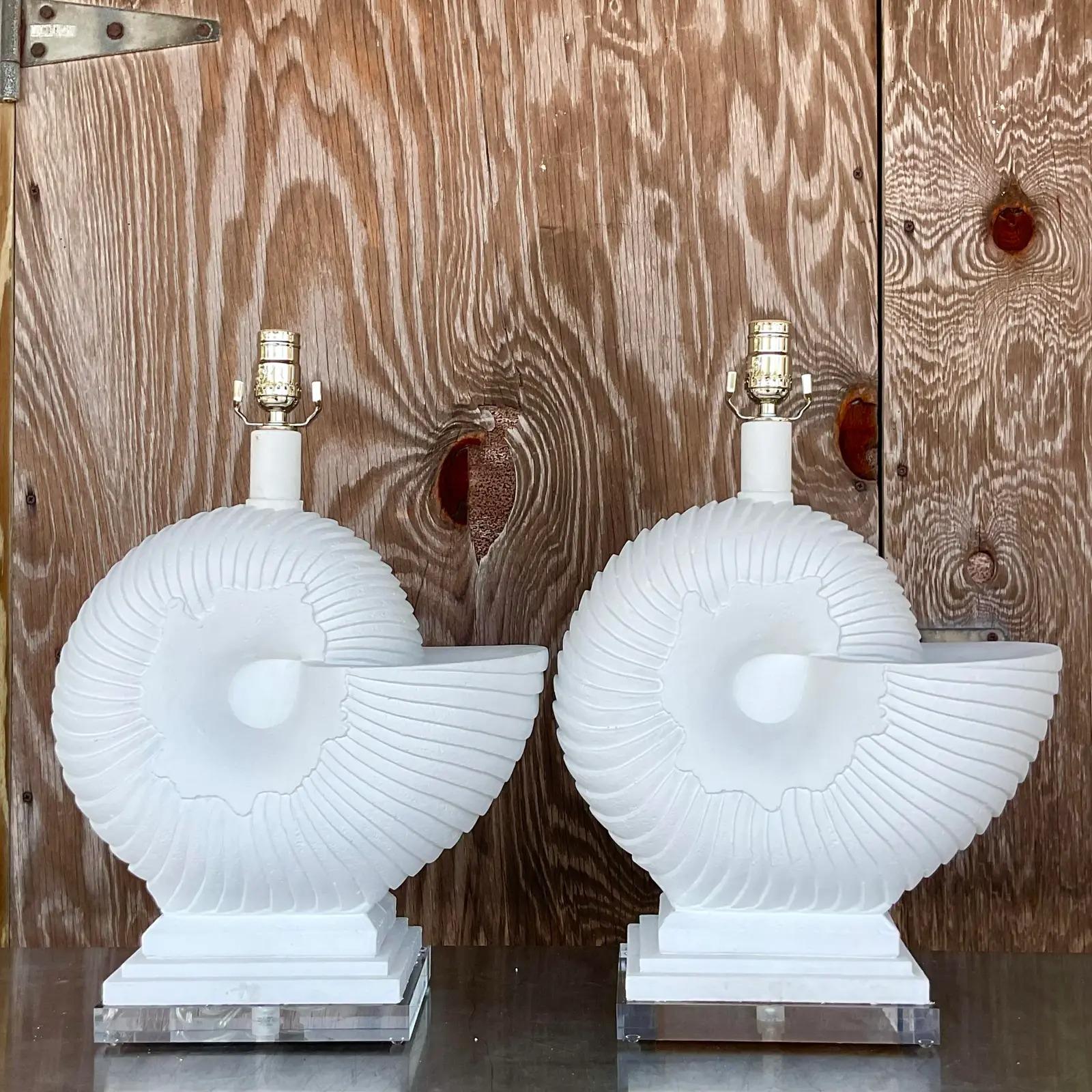 Vintage Coastal Plaster Nautilus Shell Lamps - a Pair For Sale 1