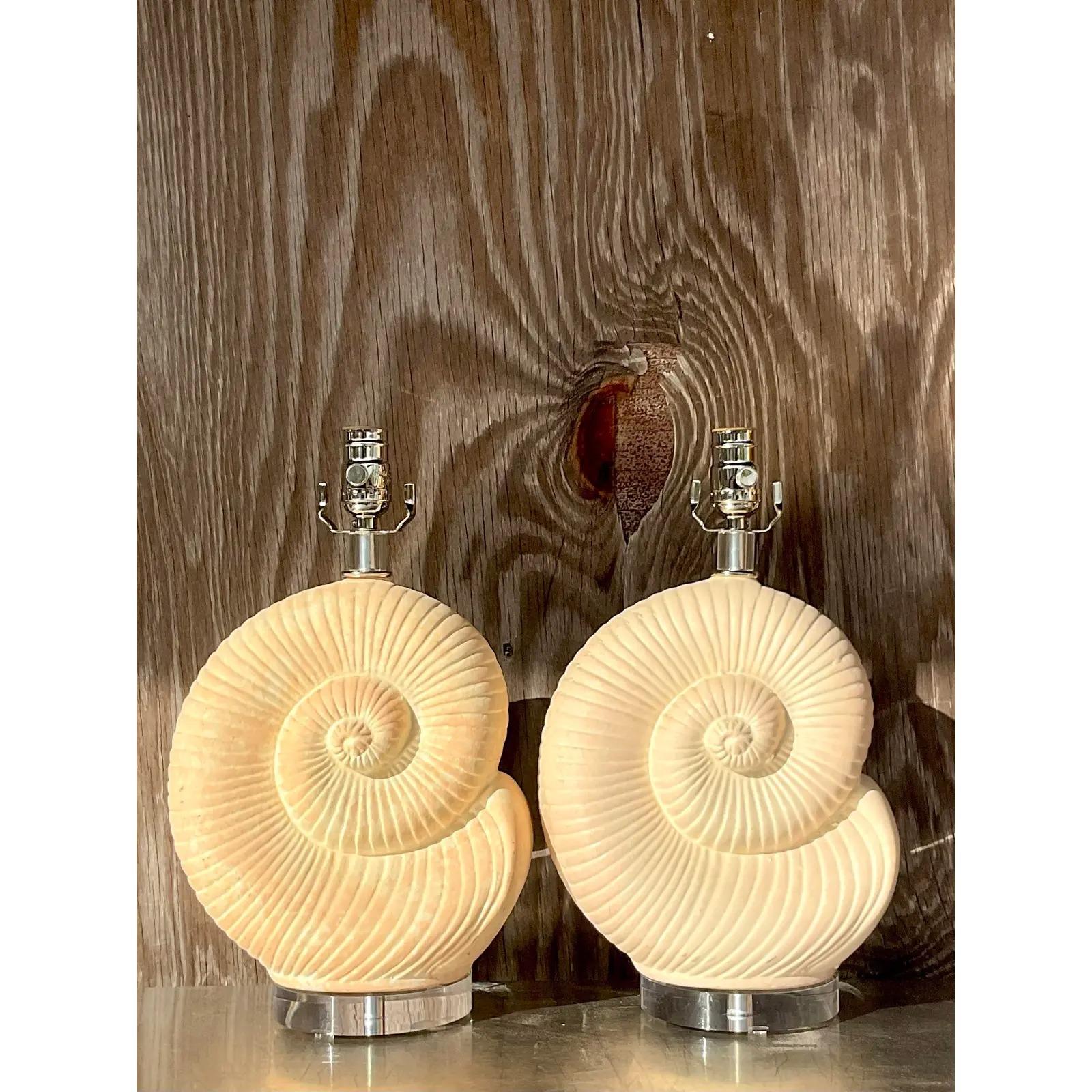 Vintage Coastal Plaster Nautilus Shell Lamps, Pair 2