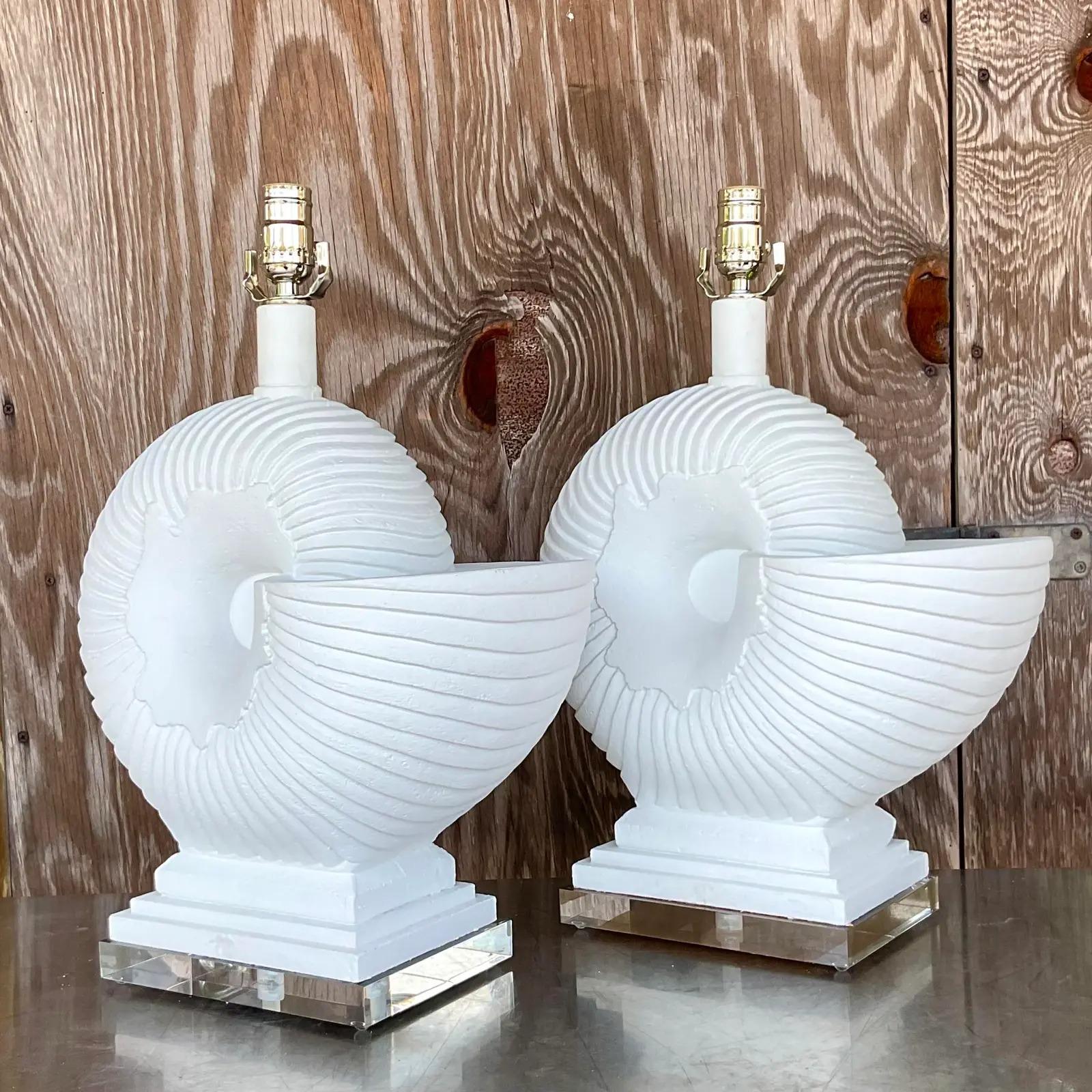 Vintage Coastal Plaster Nautilus Shell Lamps - a Pair For Sale 2