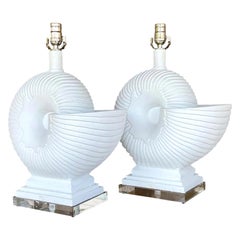 Vintage Coastal Plaster Nautilus Shell Lamps - a Pair