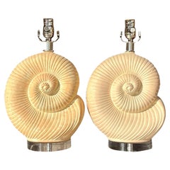 Vintage Coastal Plaster Nautilus Shell Lamps, Pair