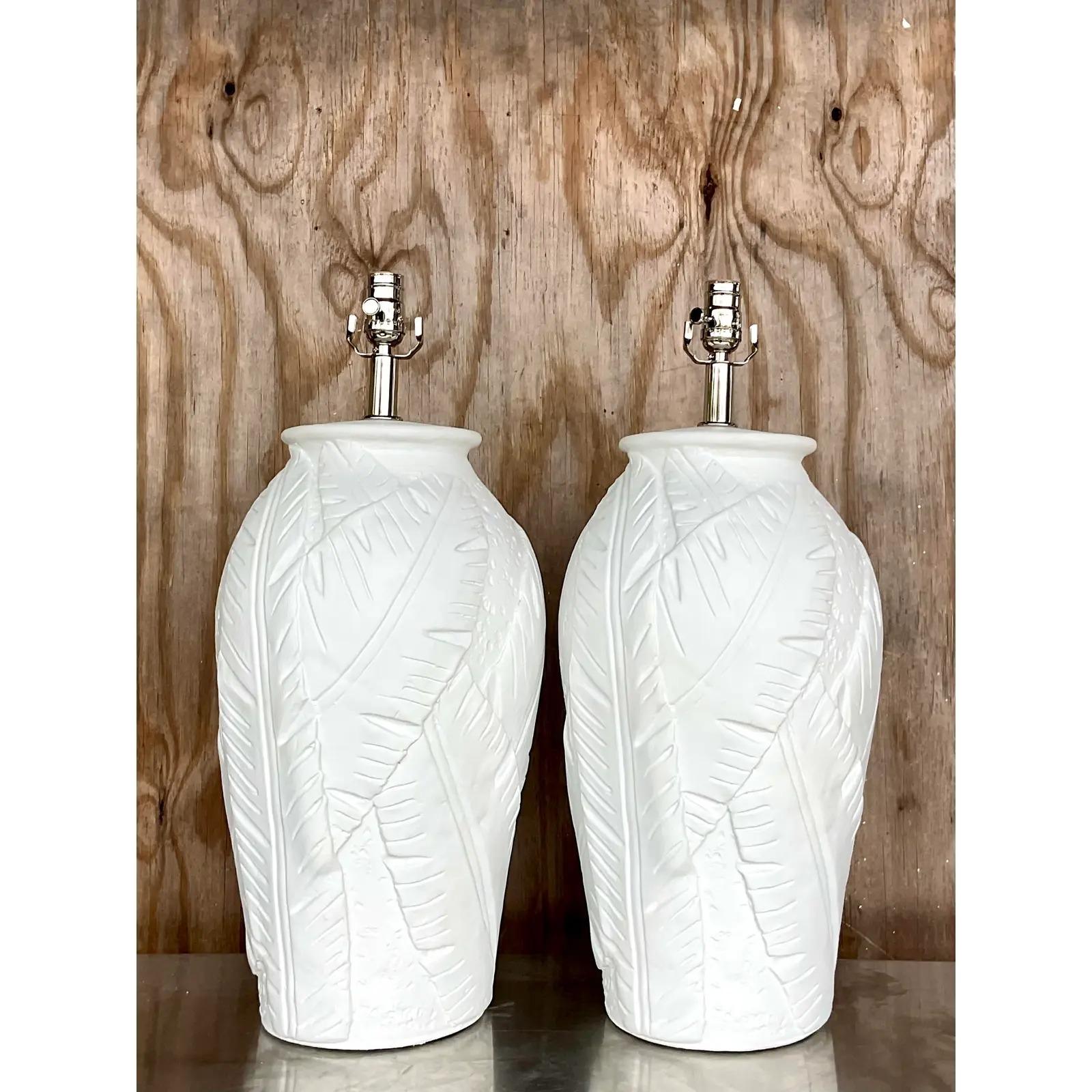 Vintage Coastal Plaster Palm Frond Table Lamps, a Pair In Good Condition In west palm beach, FL