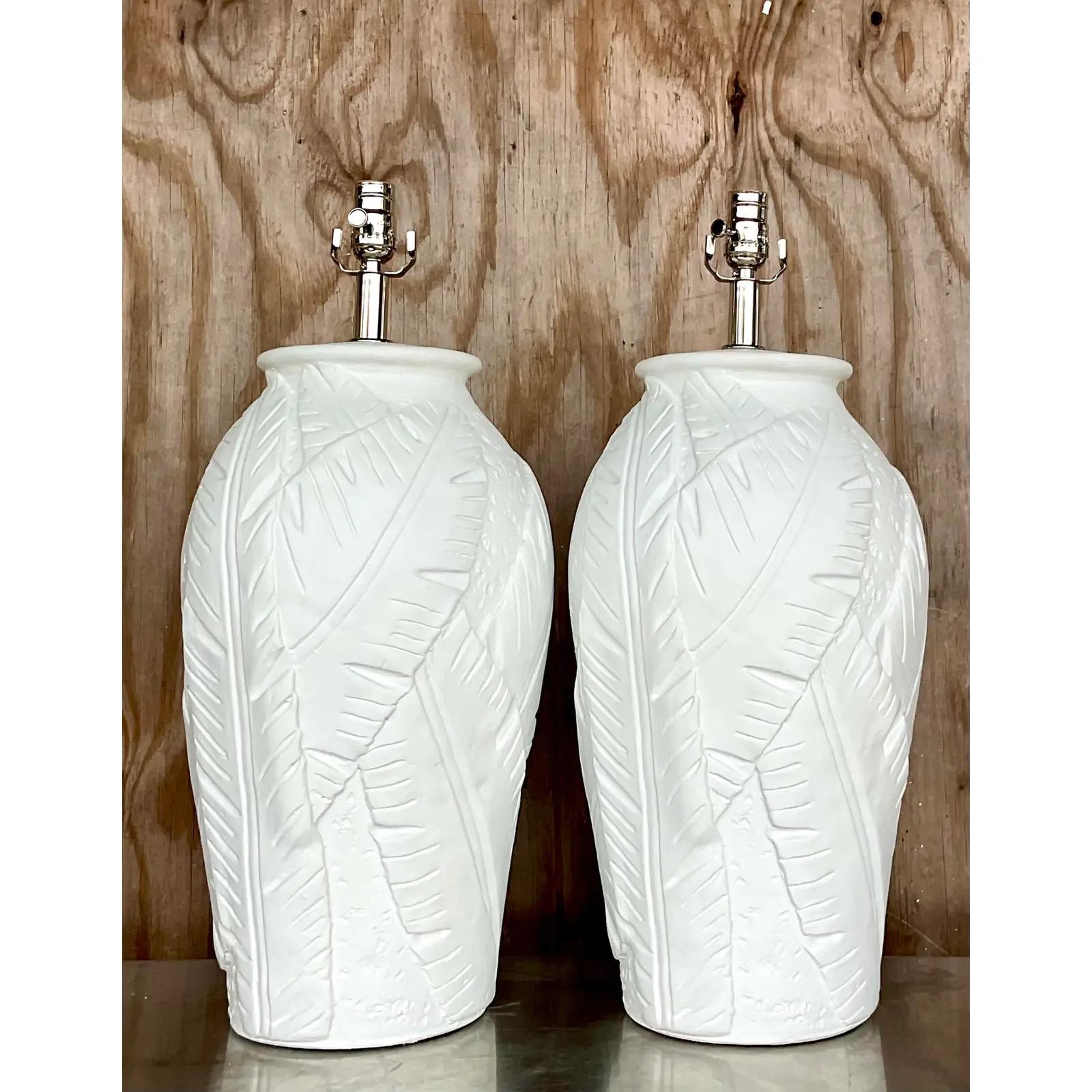 20th Century Vintage Coastal Plaster Palm Frond Table Lamps, a Pair