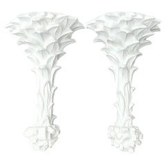 Vintage Coastal Plaster Palm Light Sconces - a Pair