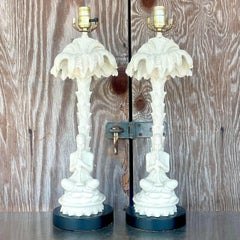 Vintage Coastal Plaster Palm Tree Lamps, a Pair