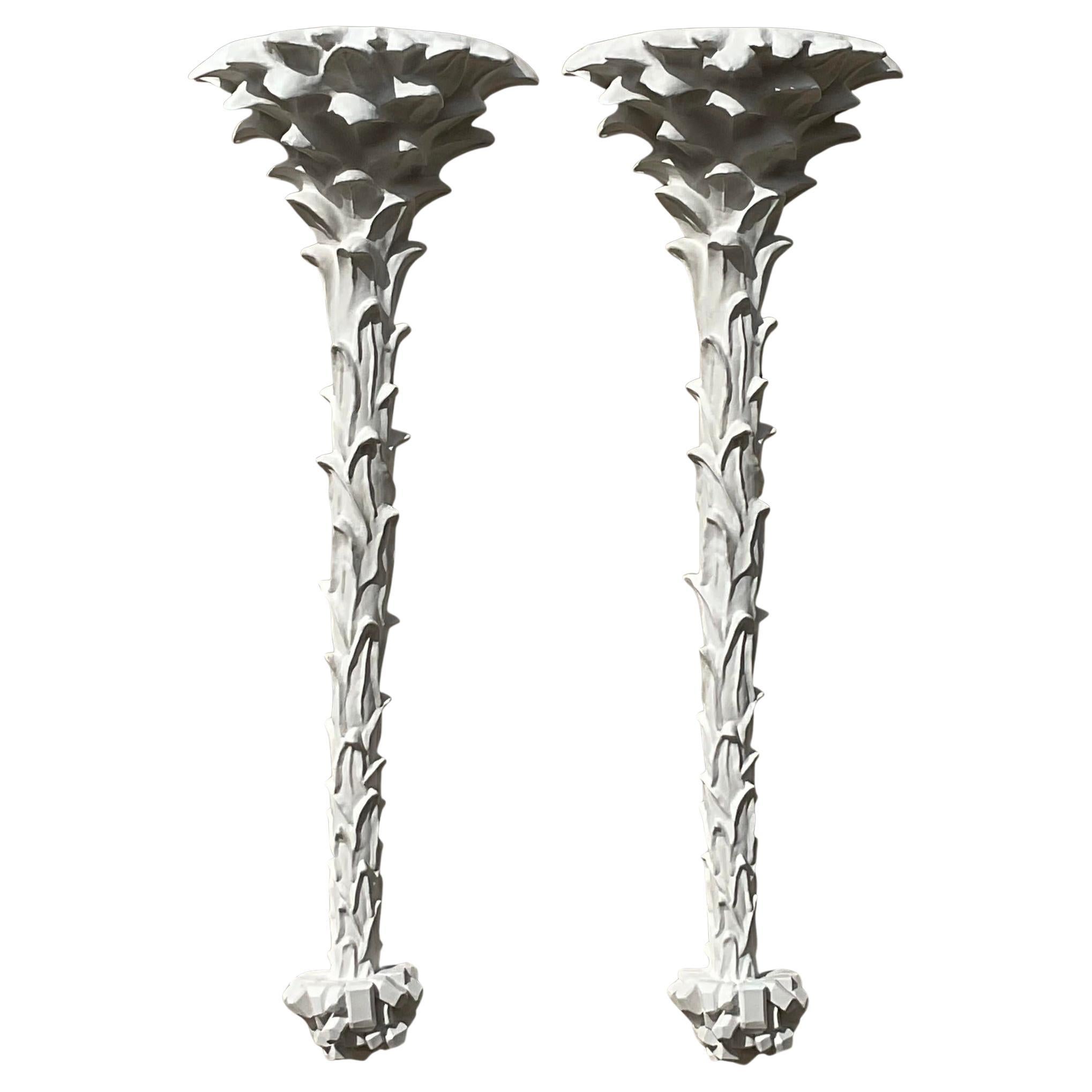 Vintage Coastal Plaster Palm Tree Wall Sconces - a Pair