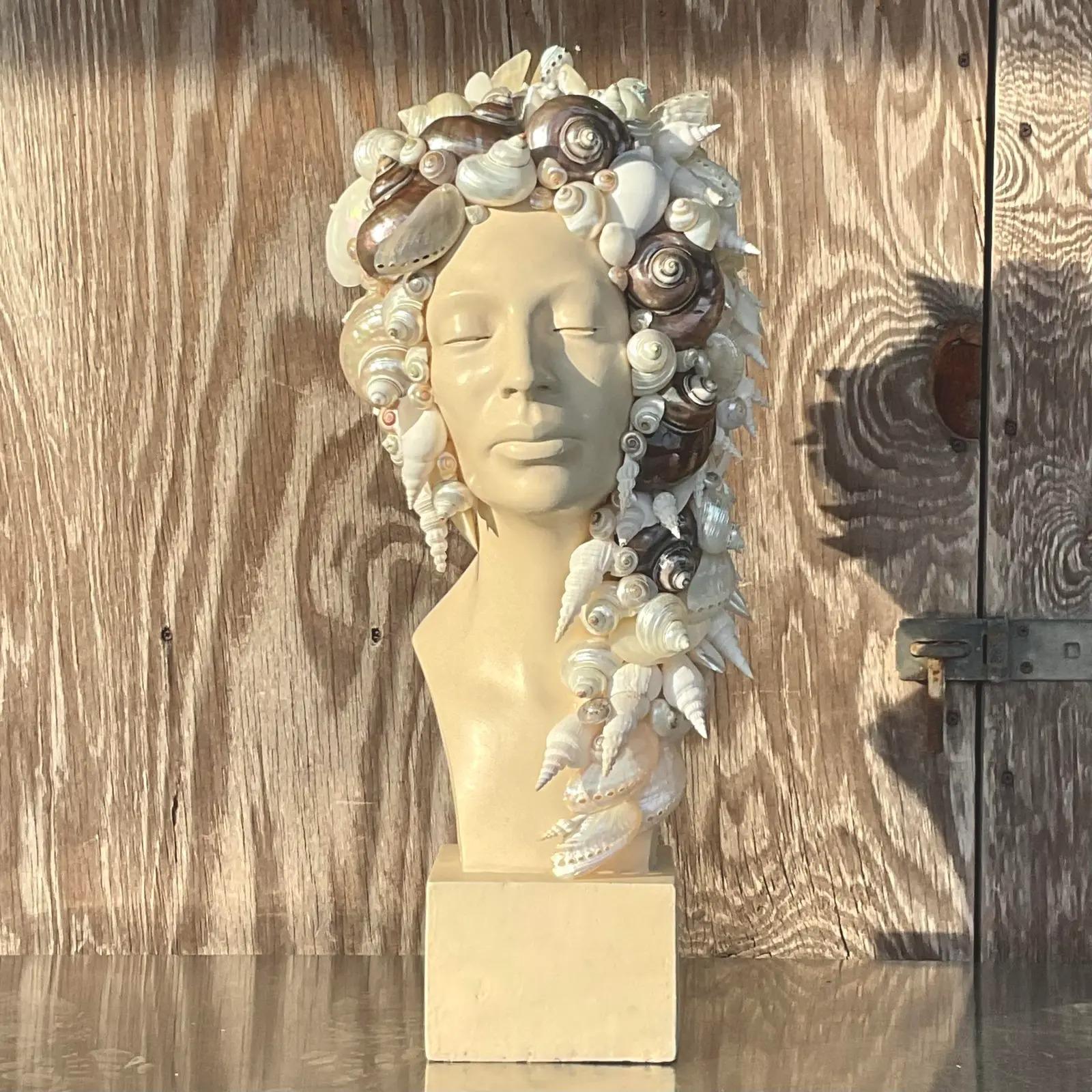 North American Vintage Coastal Plaster Shell Bust of Woman For Sale