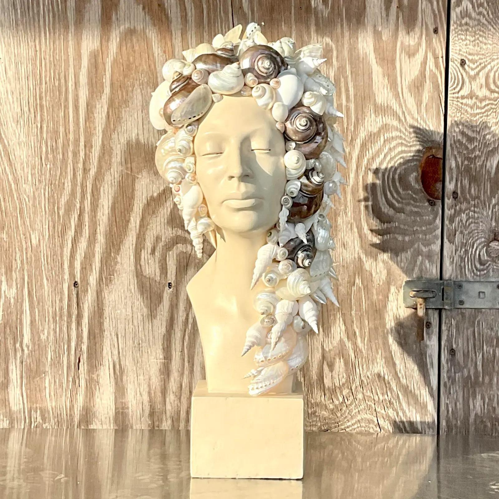 20th Century Vintage Coastal Plaster Shell Bust of Woman For Sale