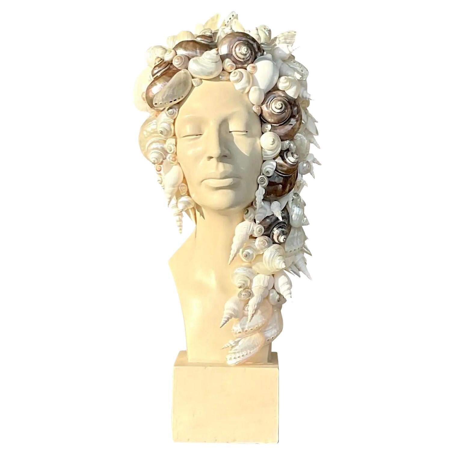 Vintage Coastal Plaster Shell Bust of Woman For Sale
