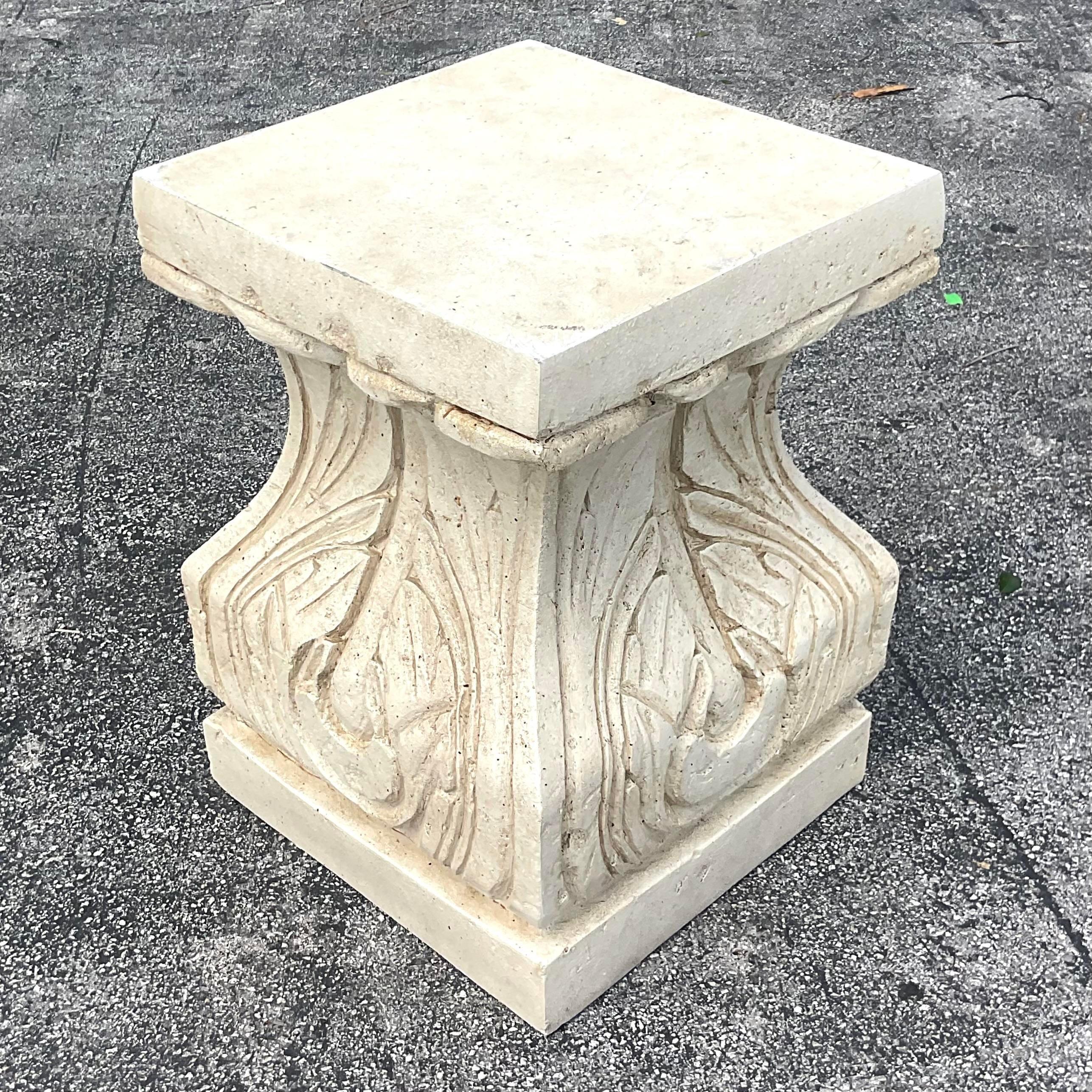 Enhance your coastal-inspired decor with our Vintage Coastal Plaster Table Pedestal, showcasing the timeless elegance of American craftsmanship and seaside charm. Crafted with care, this pedestal boasts intricate detailing and a weathered finish,
