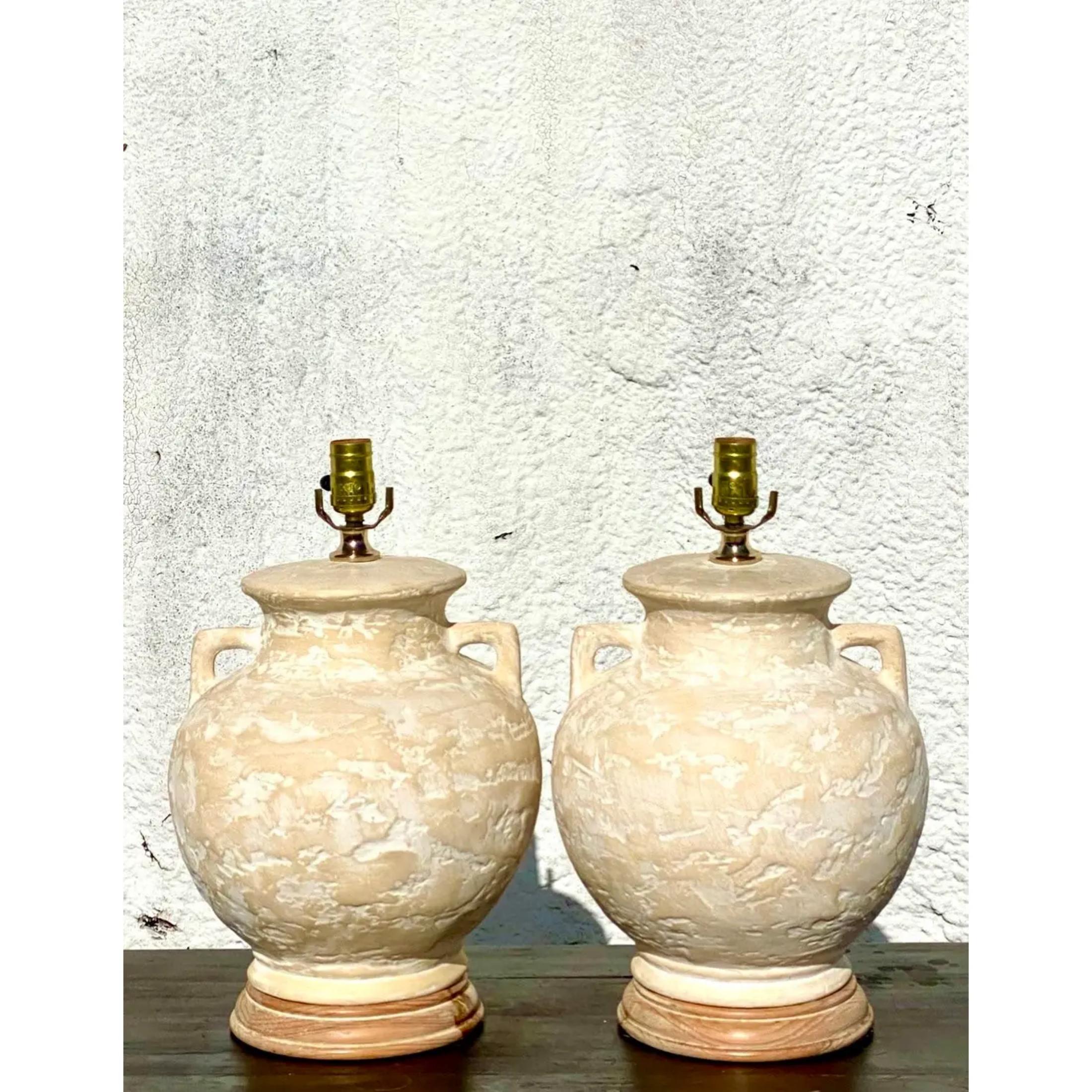 Vintage Coastal Plaster Urn Lamps - a Pair In Good Condition For Sale In west palm beach, FL