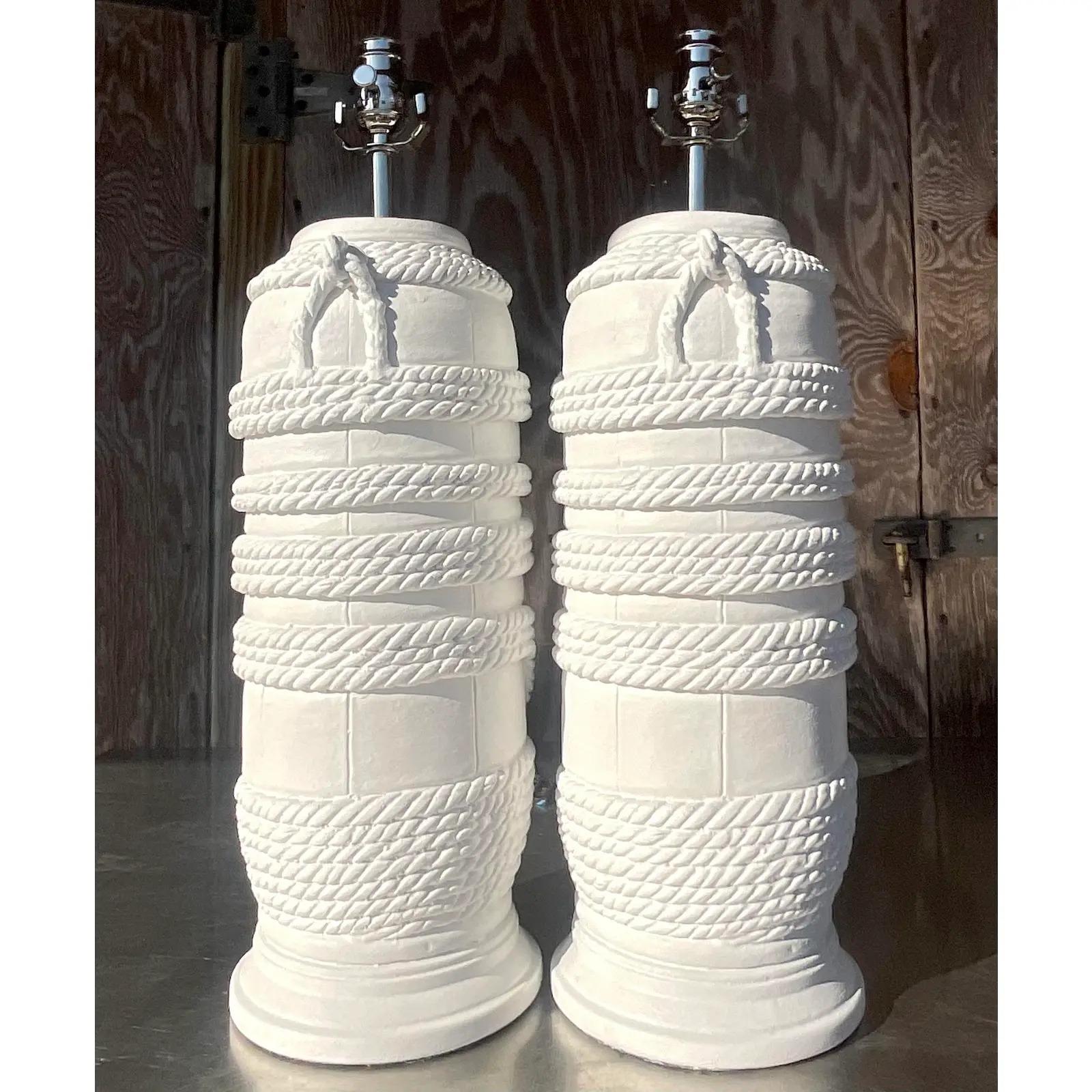 North American Vintage Coastal Plaster Wrapped Rope Table Lamps - a Pair For Sale
