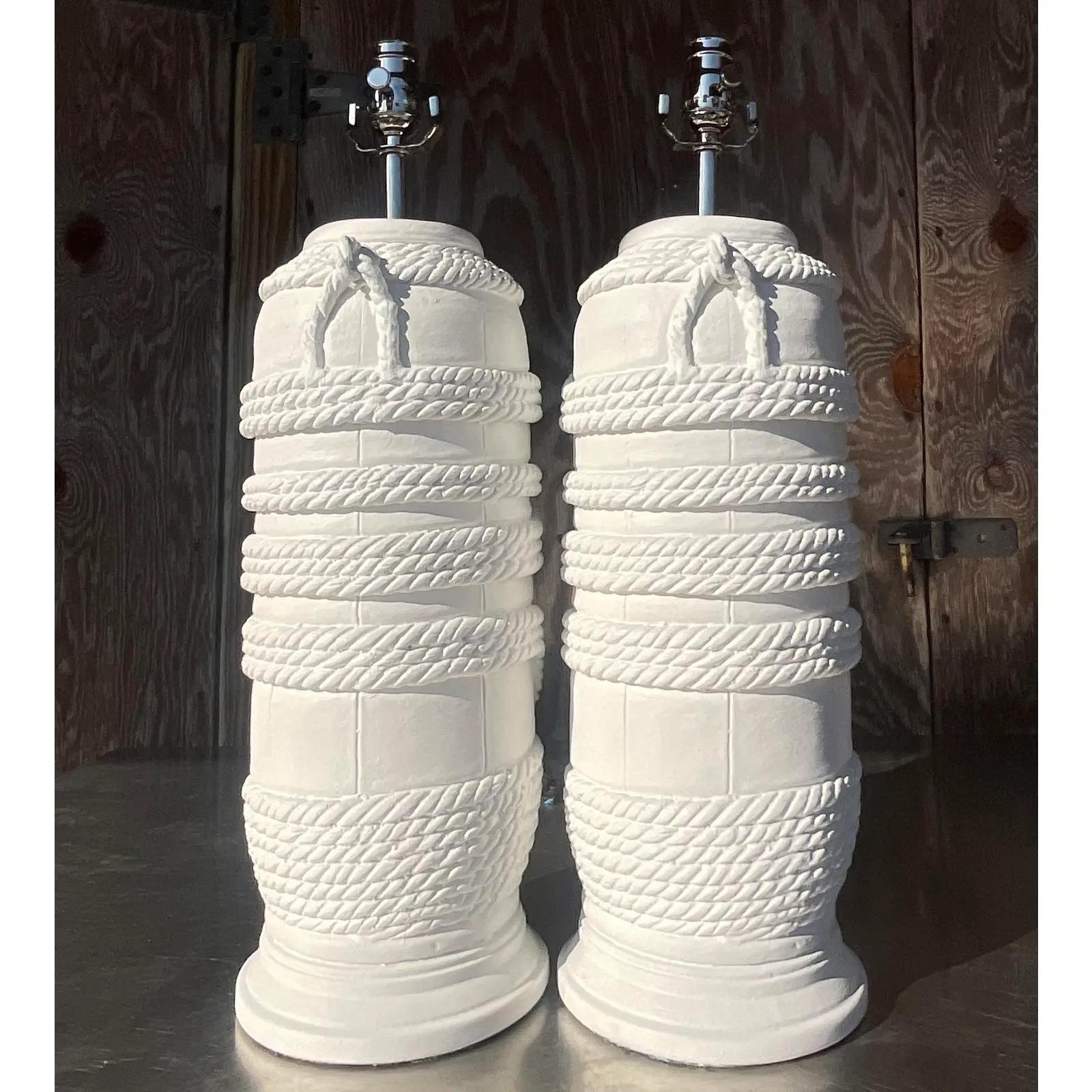 Vintage Coastal Plaster Wrapped Rope Table Lamps - a Pair In Good Condition For Sale In west palm beach, FL
