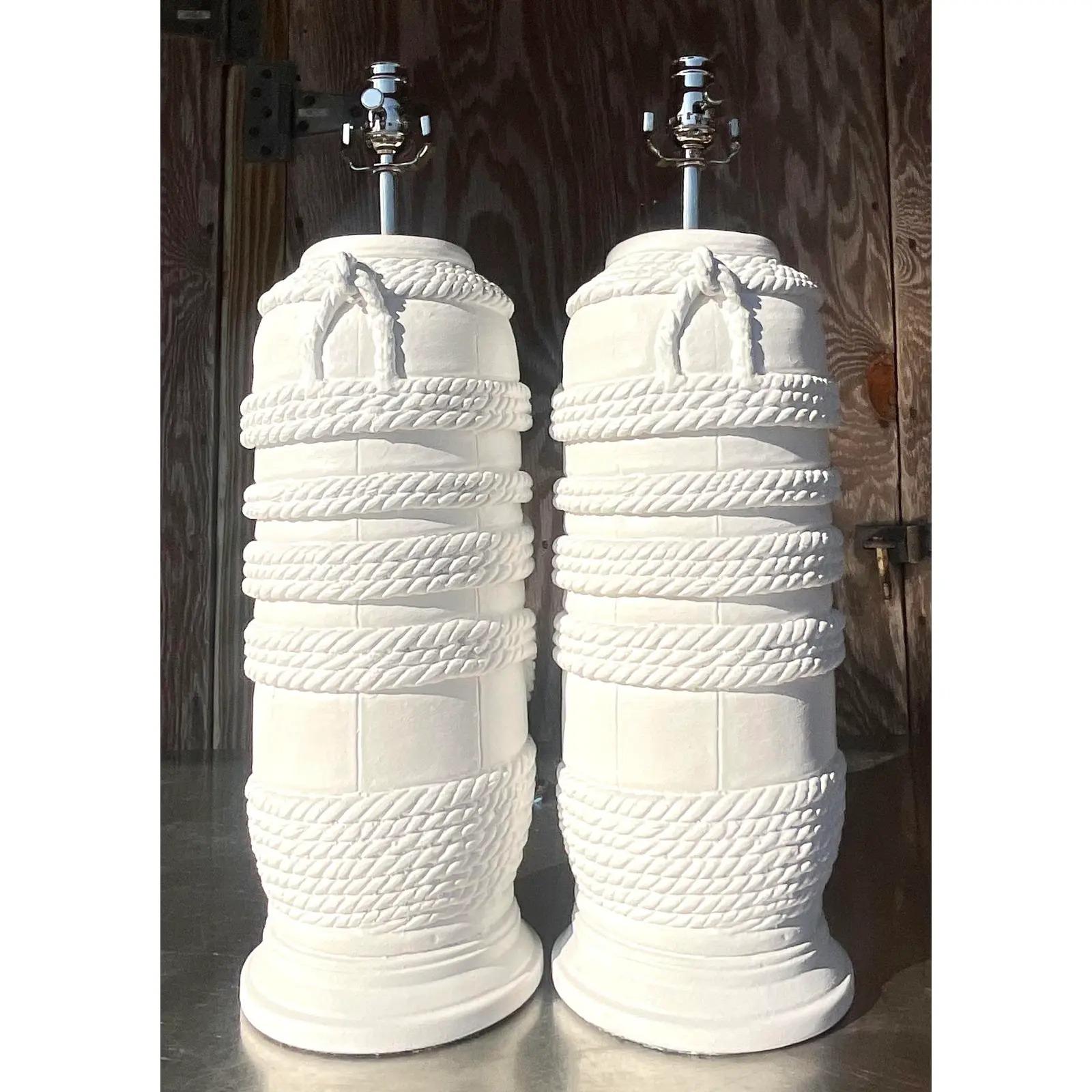 20th Century Vintage Coastal Plaster Wrapped Rope Table Lamps - a Pair For Sale