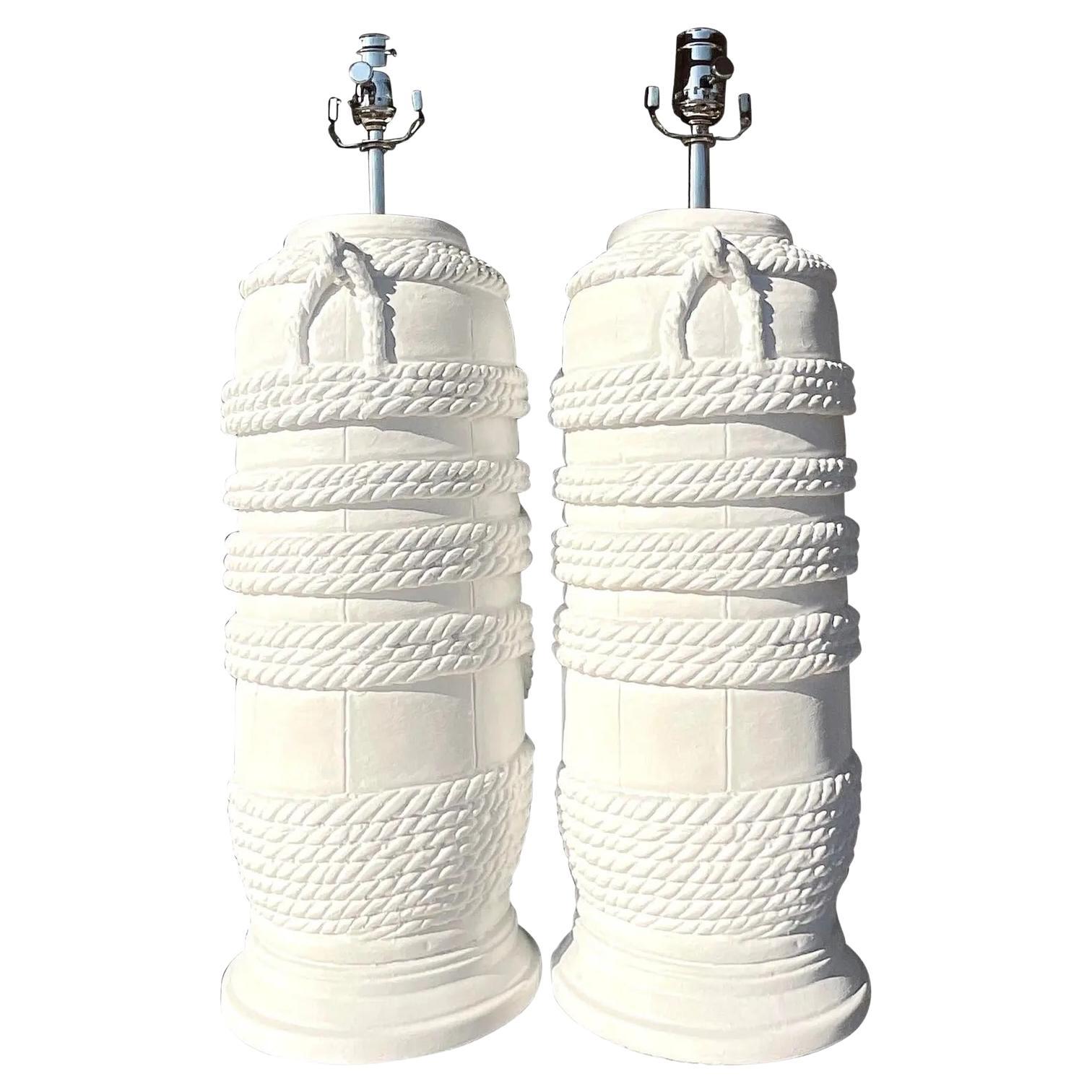 Vintage Coastal Plaster Wrapped Rope Table Lamps - a Pair For Sale