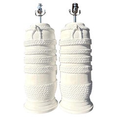 Retro Coastal Plaster Wrapped Rope Table Lamps, Pair