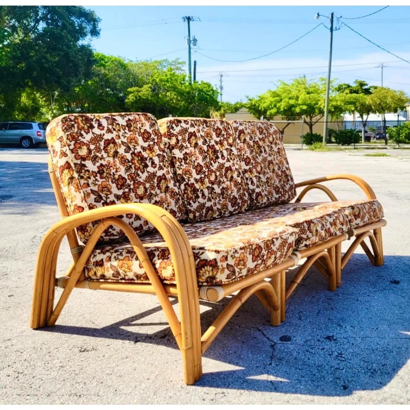 Vintage Coastal Pretzel Rattan Three Piece Sofa In Good Condition In West Palm Beach, FL