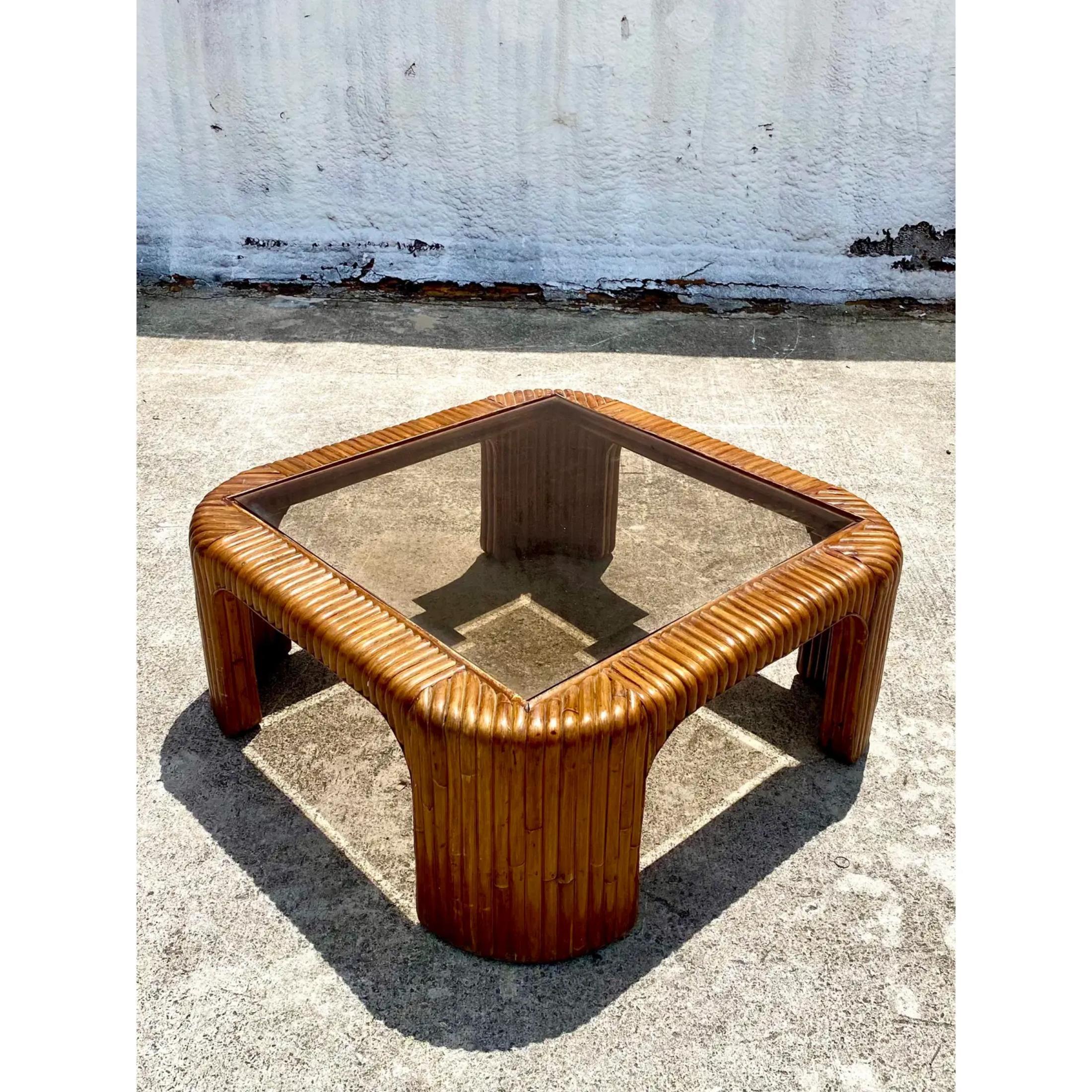 Vintage Coastal Pretzel Rattan Waterfall Coffee Table In Good Condition For Sale In west palm beach, FL