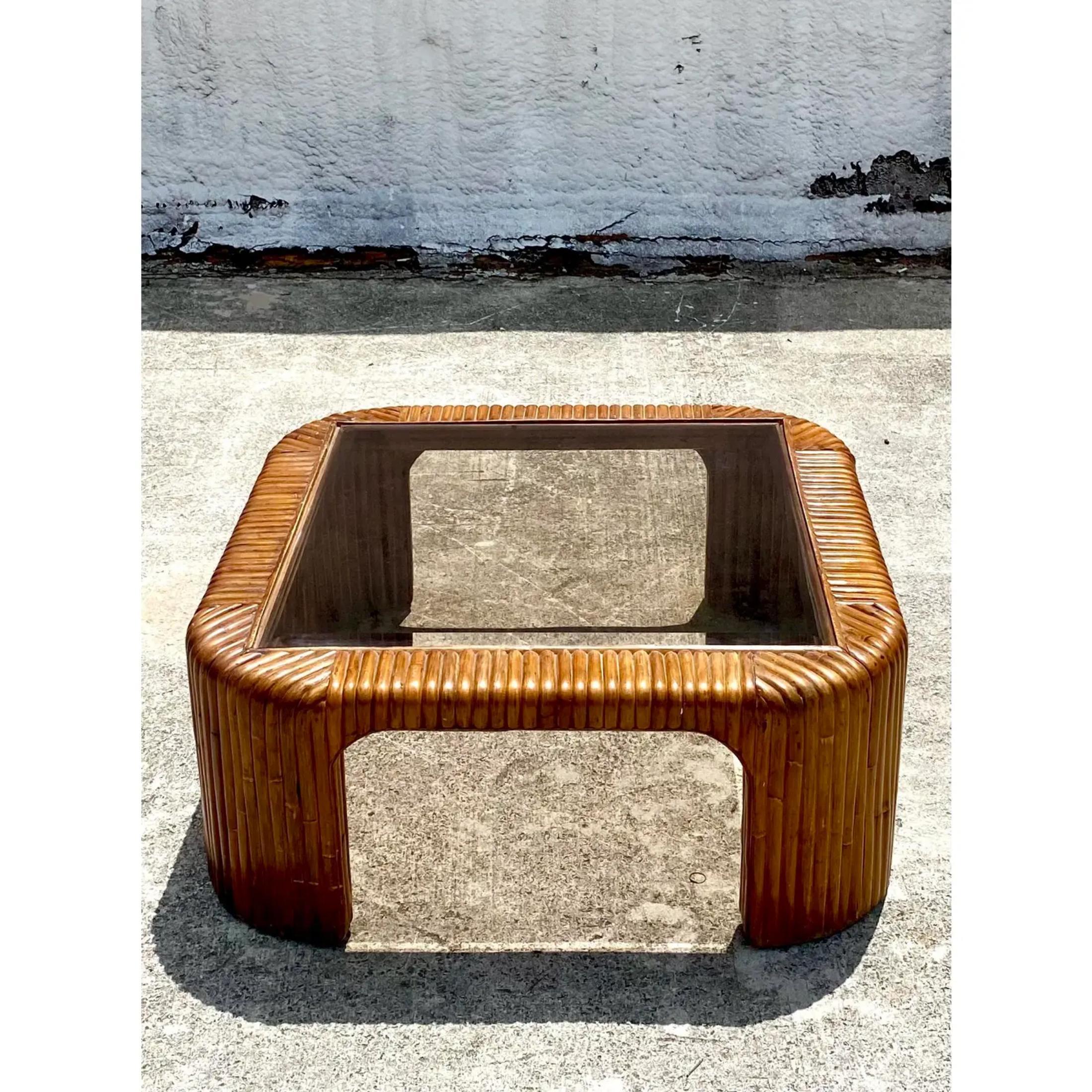 20th Century Vintage Coastal Pretzel Rattan Waterfall Coffee Table For Sale