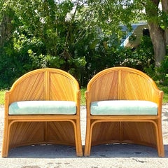 Vintage Coastal Pretzel Reed Lounge Chairs - a Pair