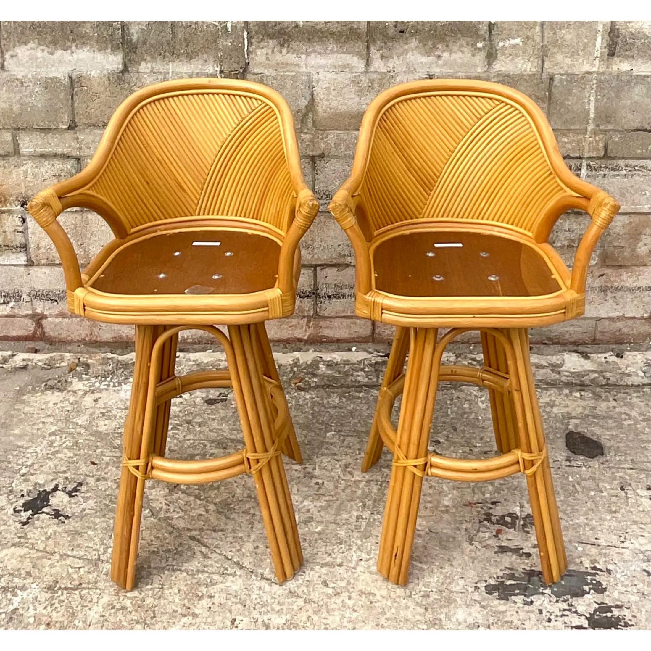 Vintage Coastal Pretzel Reed Swivel Barstools - a Pair In Good Condition For Sale In west palm beach, FL