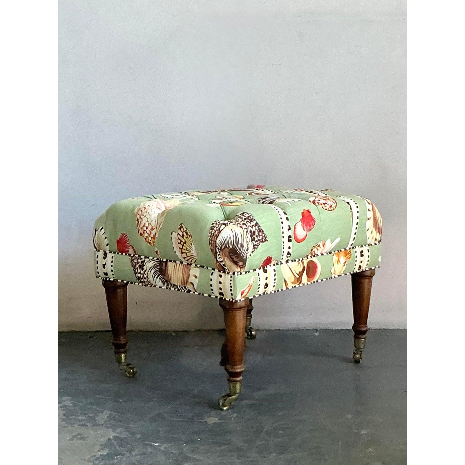Hollywood Regency Vintage Coastal Printed Shell Tufted Ottoman in vendita