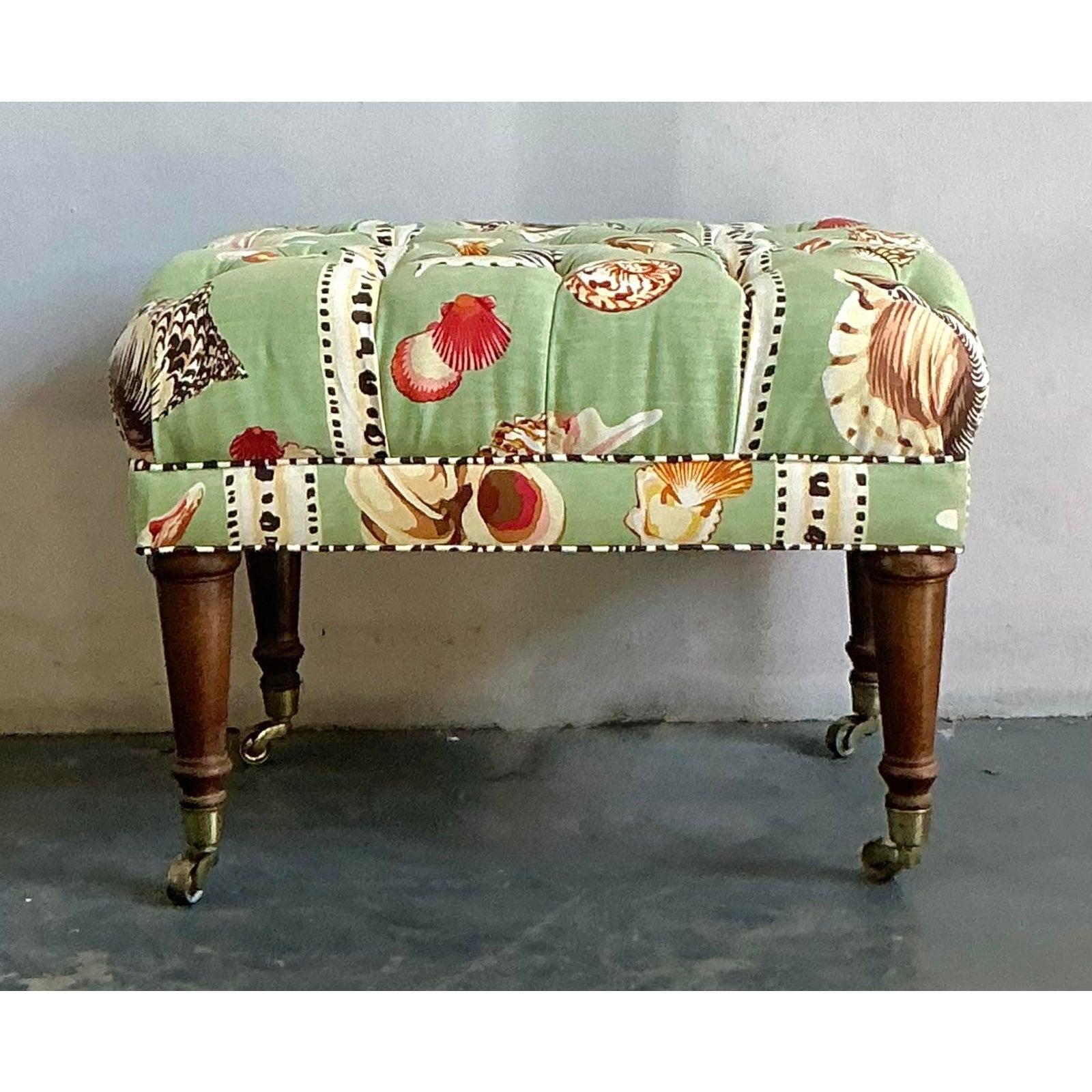 XX secolo Vintage Coastal Printed Shell Tufted Ottoman in vendita
