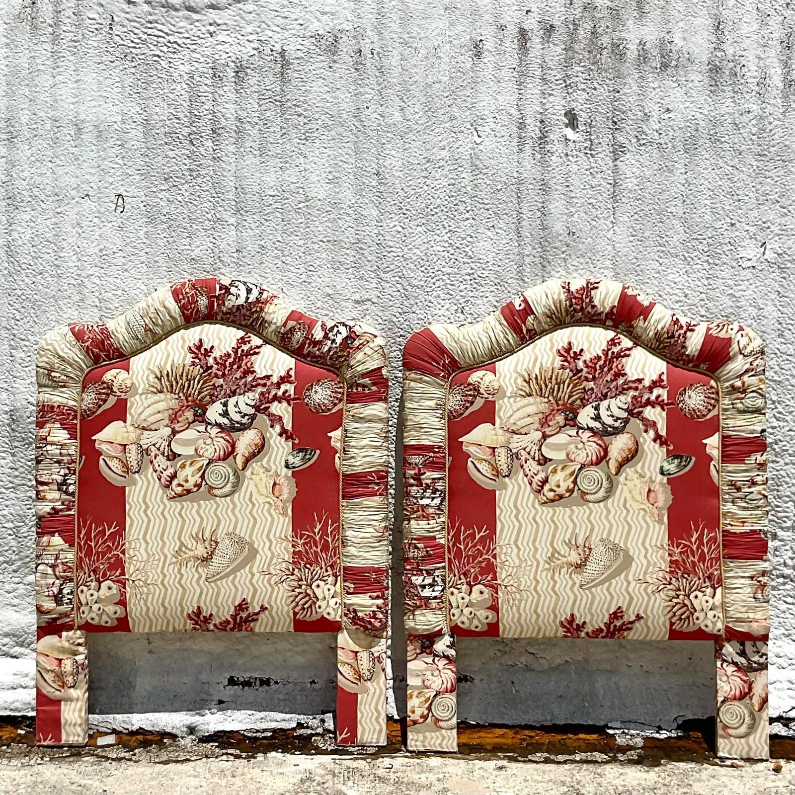 Vintage Coastal Printed Shell Upholstered Twin Headboards, a Pair 4