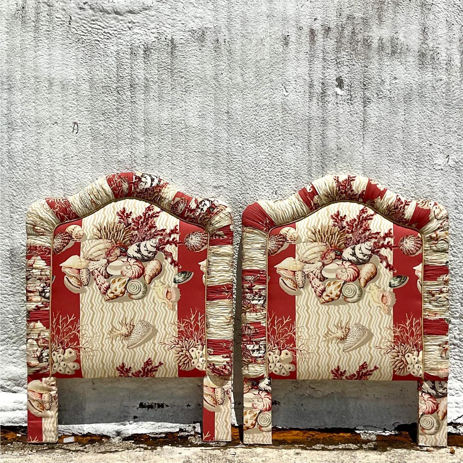 Fantastic pair of vintage Coastal headboards. Beautiful printed sell design in brilliant colors. Beautiful rushed trim with welting detail. Acquired from a Palm Beach estate.