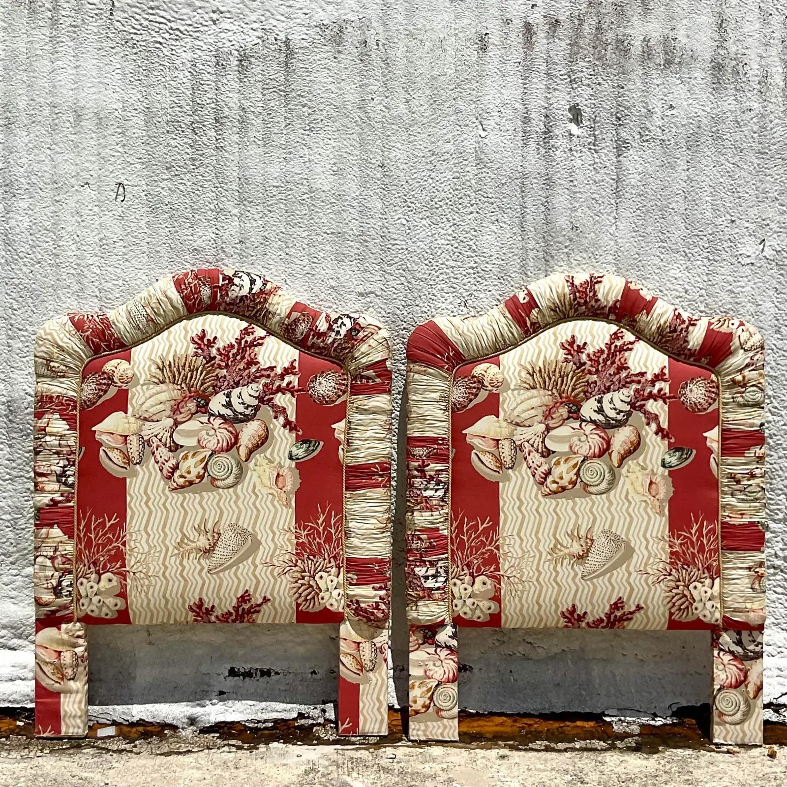 North American Vintage Coastal Printed Shell Upholstered Twin Headboards, a Pair