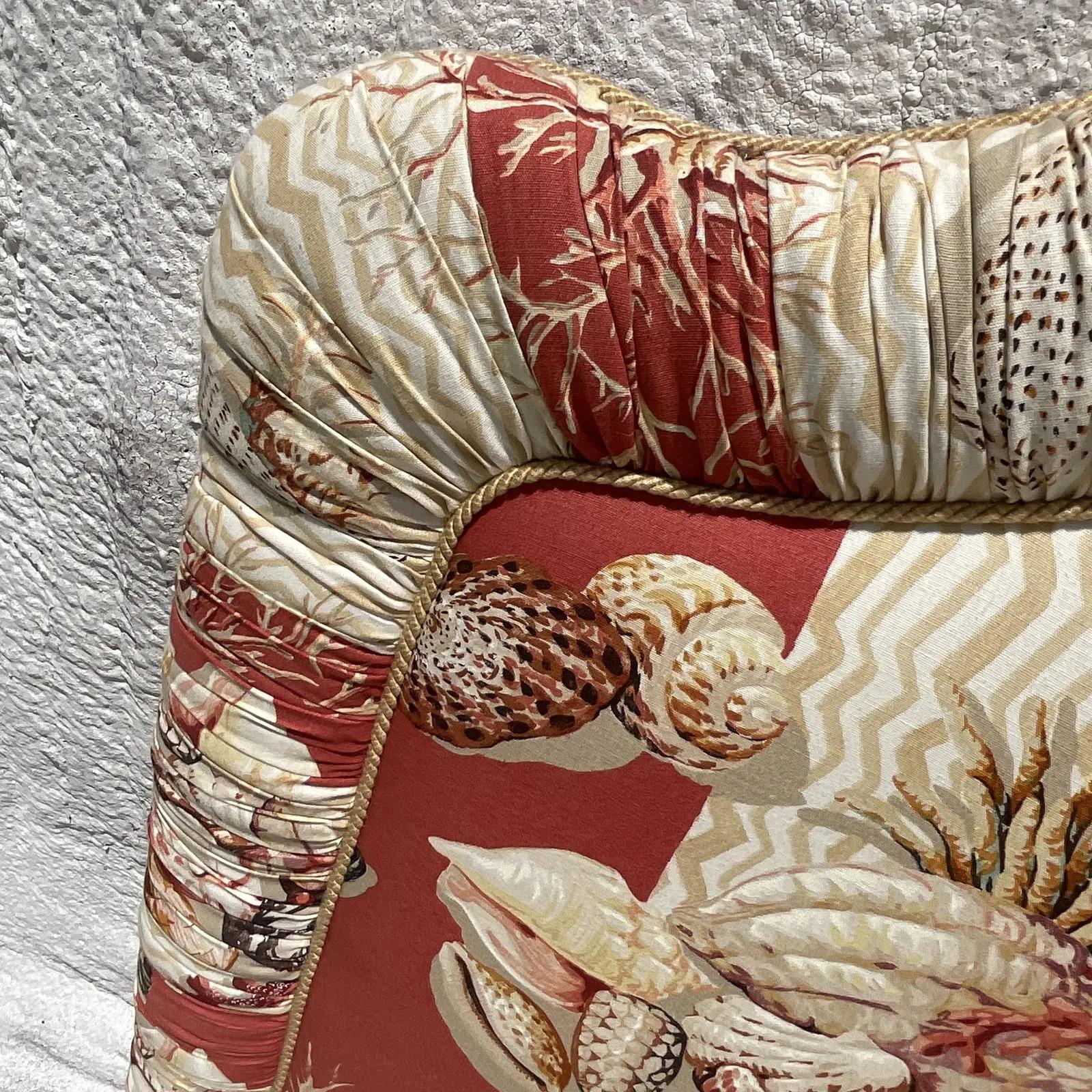 Vintage Coastal Printed Shell Upholstered Twin Headboards, a Pair In Good Condition In west palm beach, FL