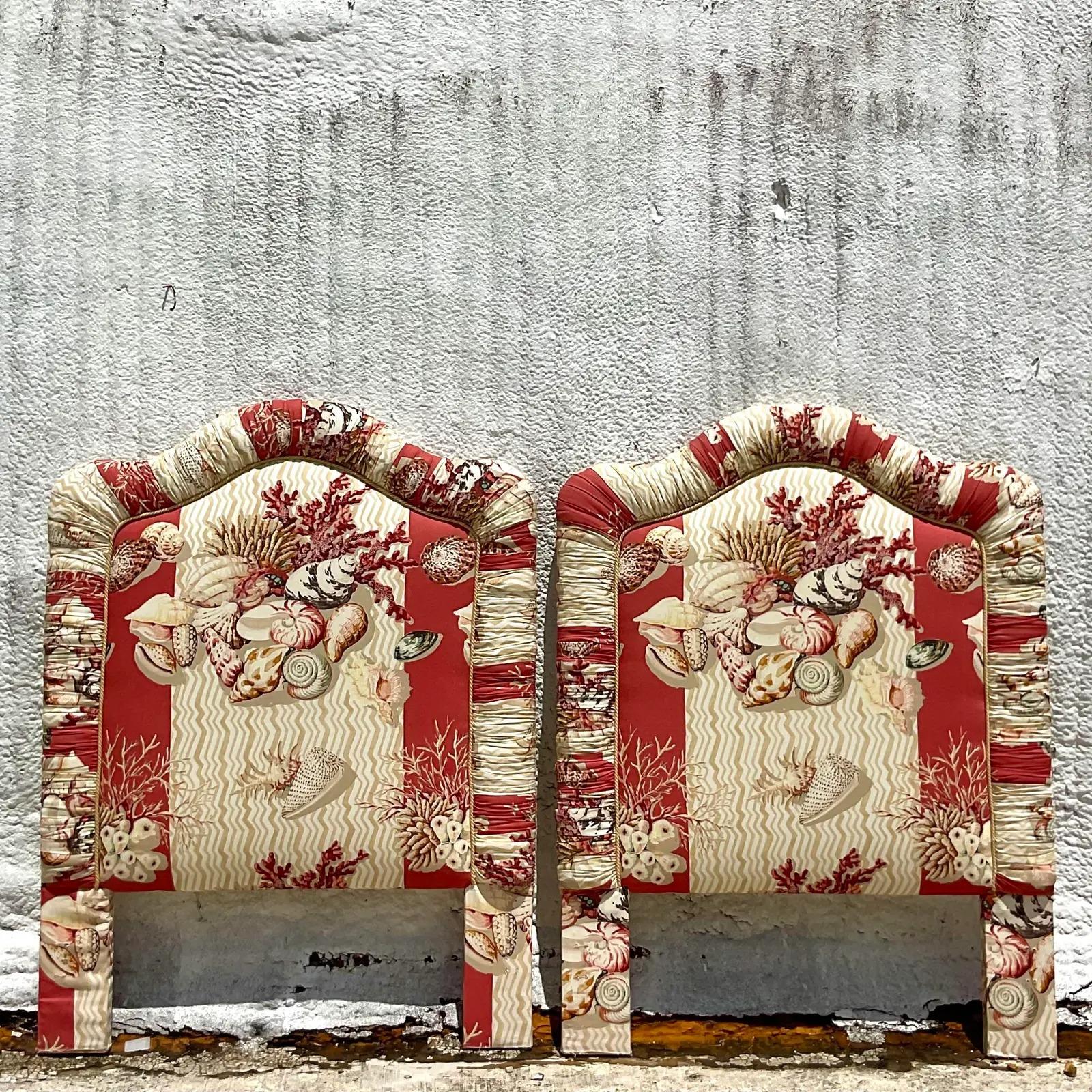 20th Century Vintage Coastal Printed Shell Upholstered Twin Headboards, a Pair