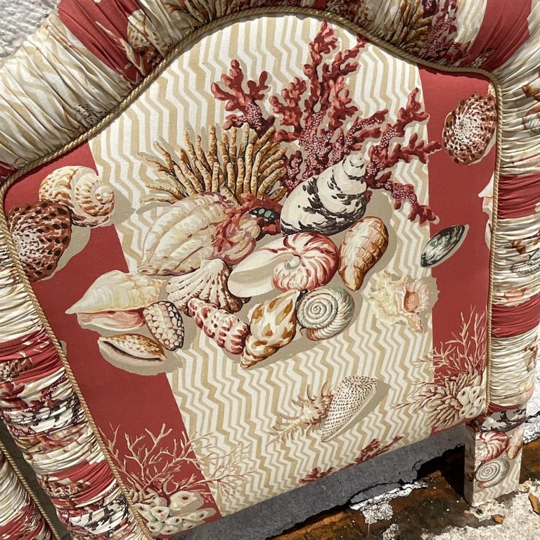 Vintage Coastal Printed Shell Upholstered Twin Headboards, a Pair For