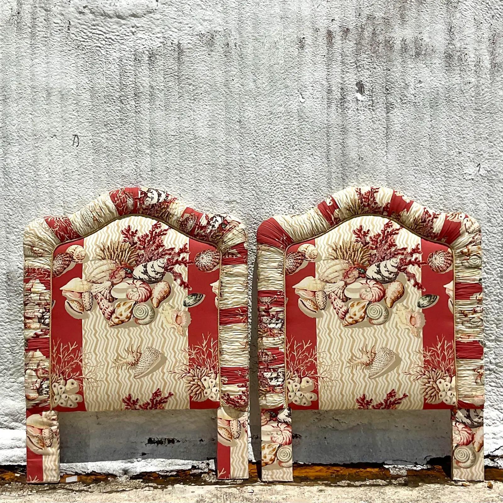 Vintage Coastal Printed Shell Upholstered Twin Headboards, a Pair 2