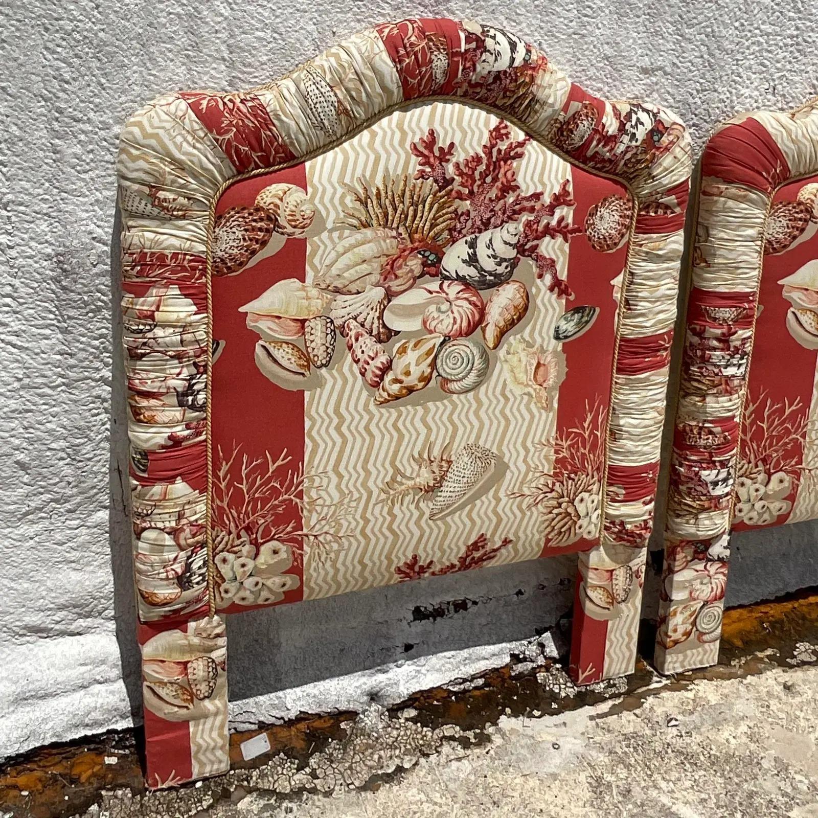 Vintage Coastal Printed Shell Upholstered Twin Headboards, a Pair 3