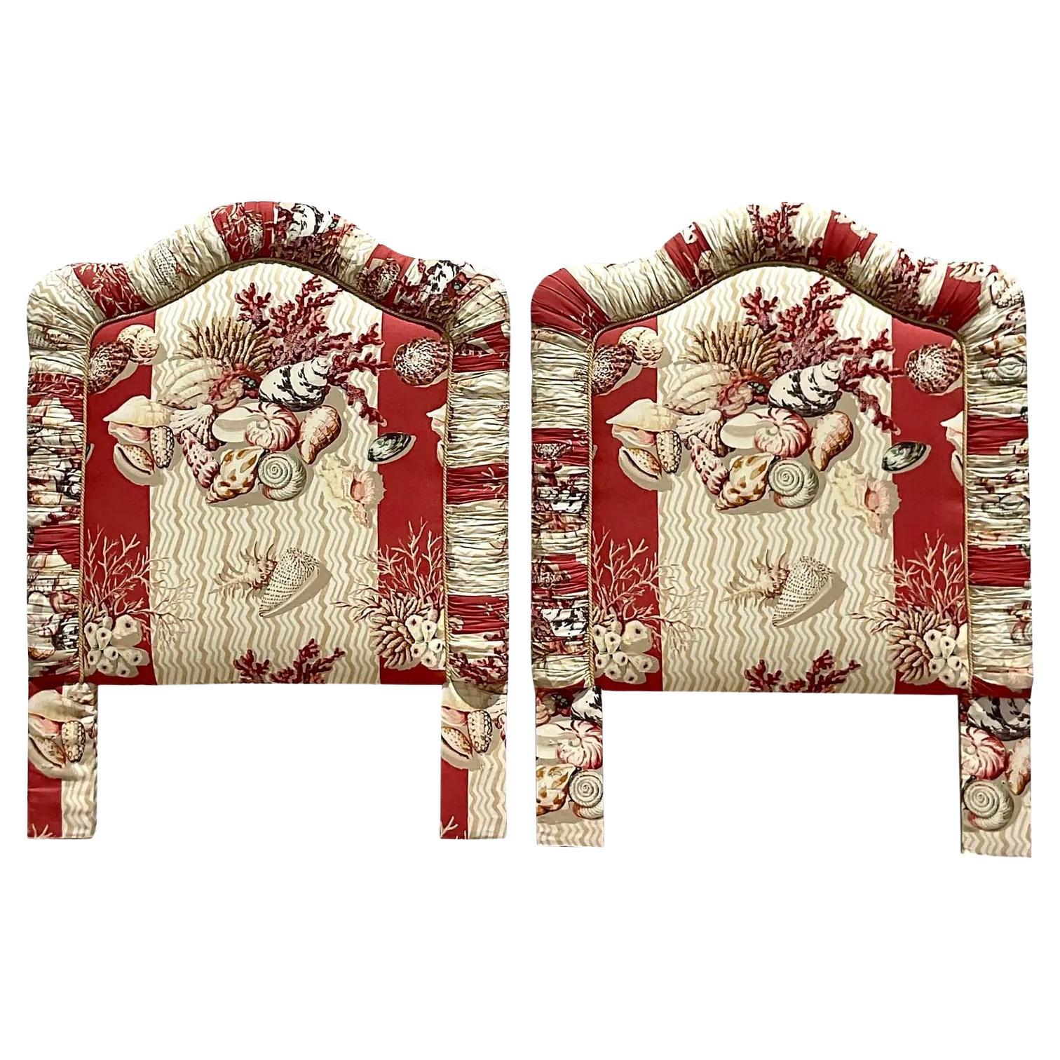 Vintage Coastal Printed Shell Upholstered Twin Headboards, a Pair