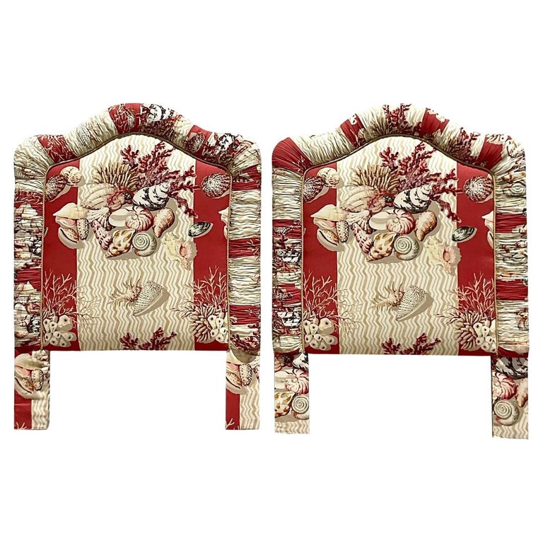 Vintage Coastal Printed Shell Upholstered Twin Headboards, a Pair For