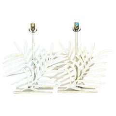 Vintage Coastal Punch Cut Metal Palm Frond Lamps - a Pair