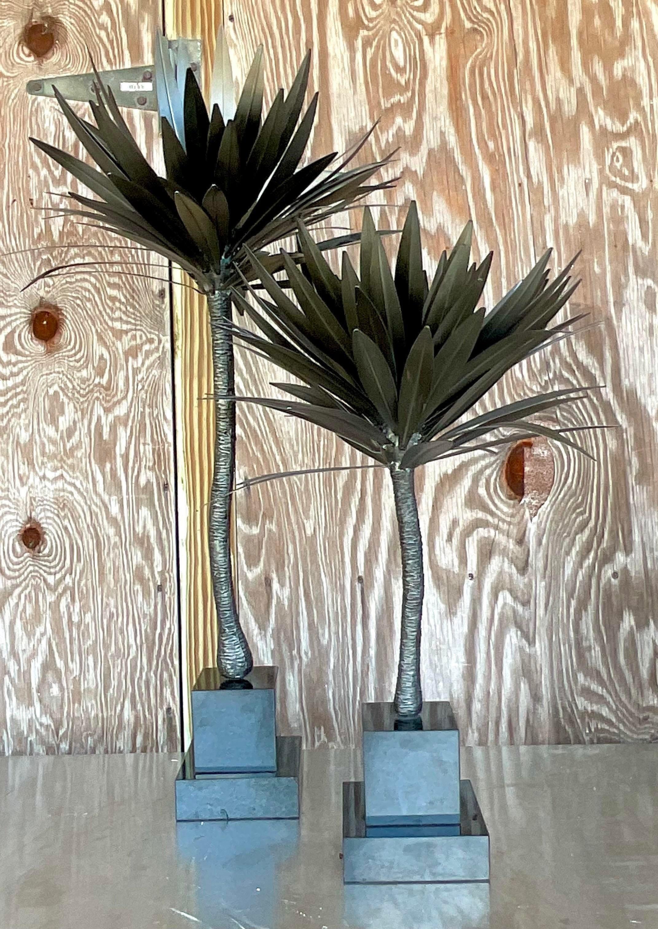 Vintage Coastal Punch Cut Metal Palm Tree - Set of 2 In Good Condition For Sale In west palm beach, FL