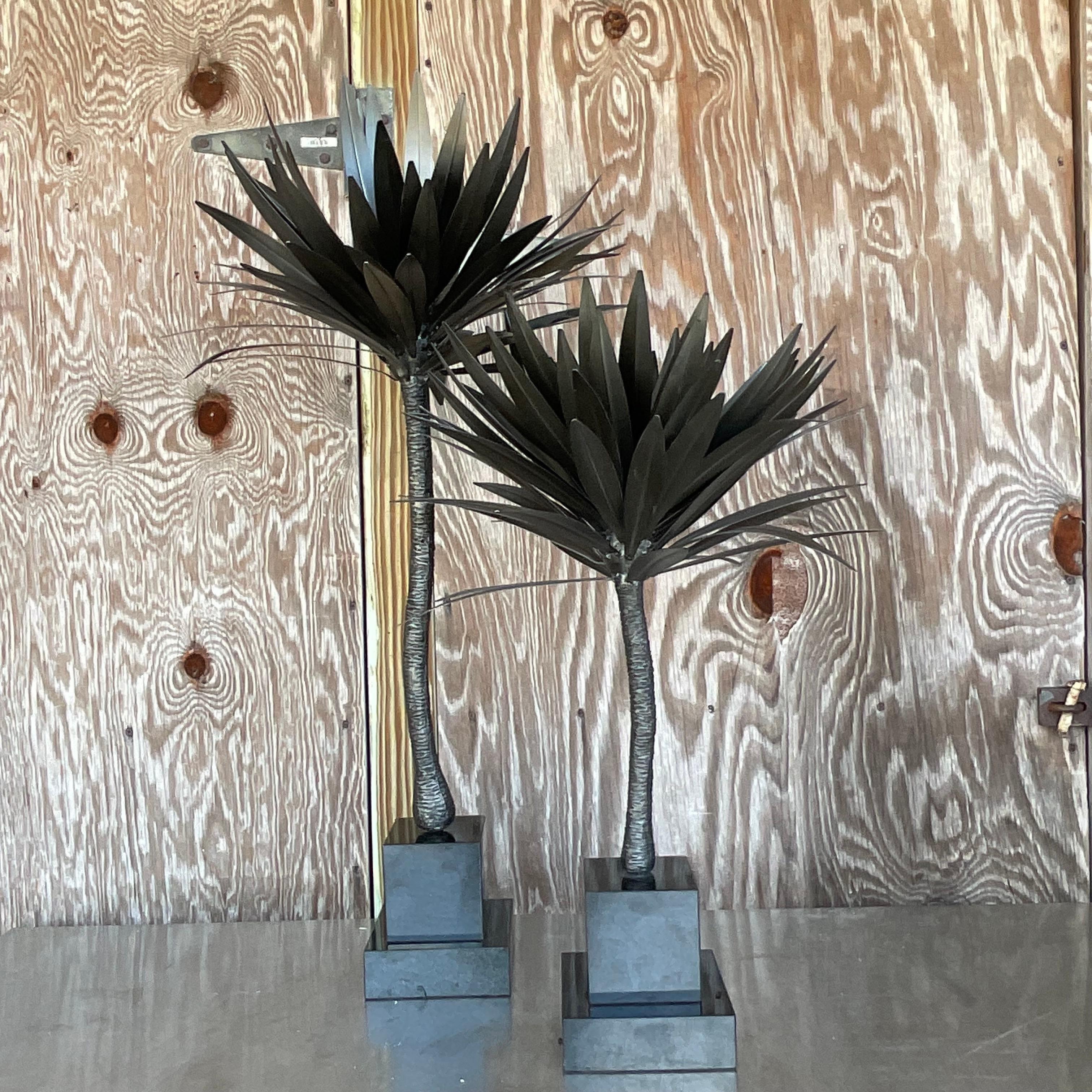20th Century Vintage Coastal Punch Cut Metal Palm Tree - Set of 2 For Sale