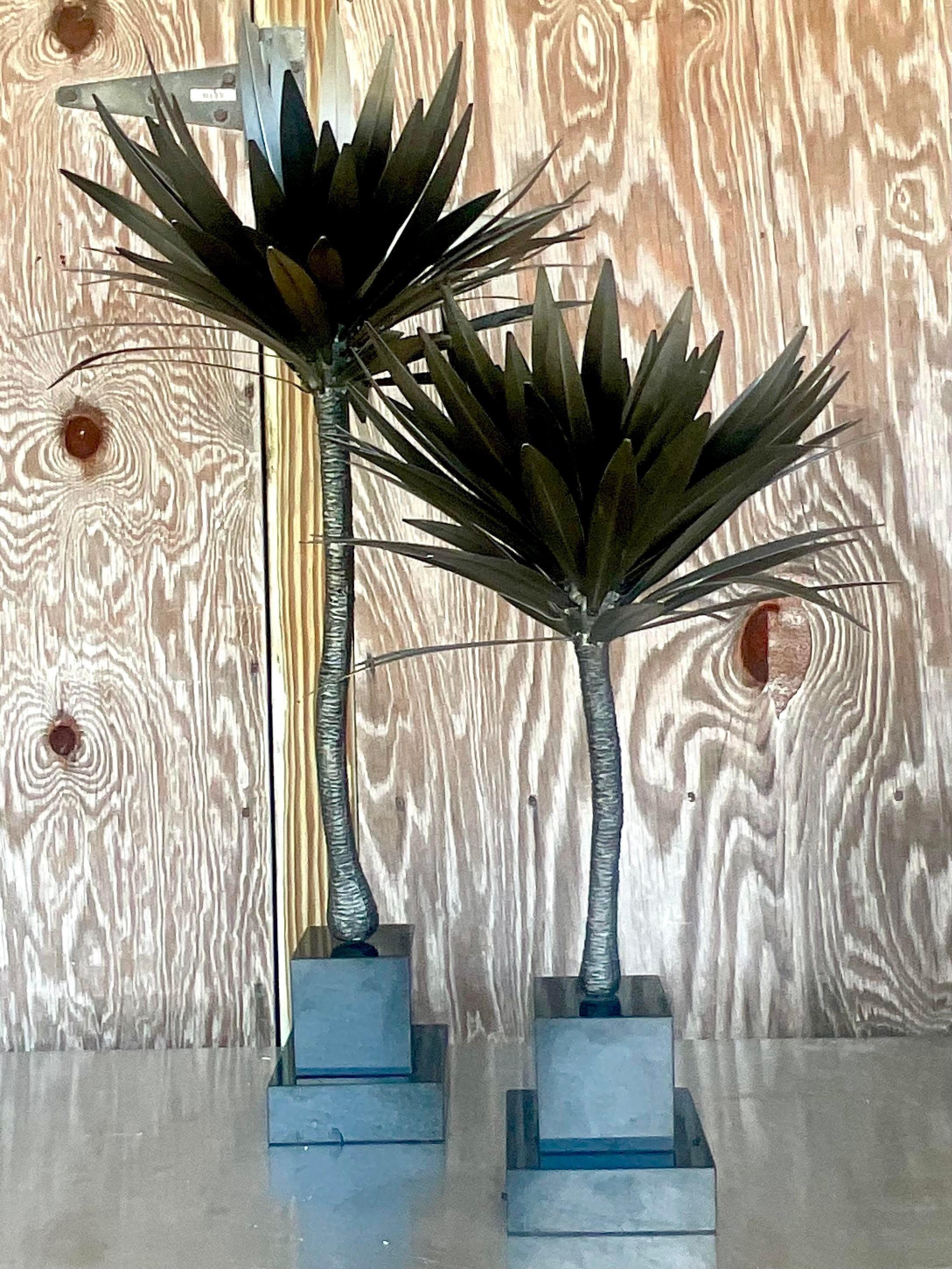 Bronze Vintage Coastal Punch Cut Metal Palm Tree - Set of 2 For Sale