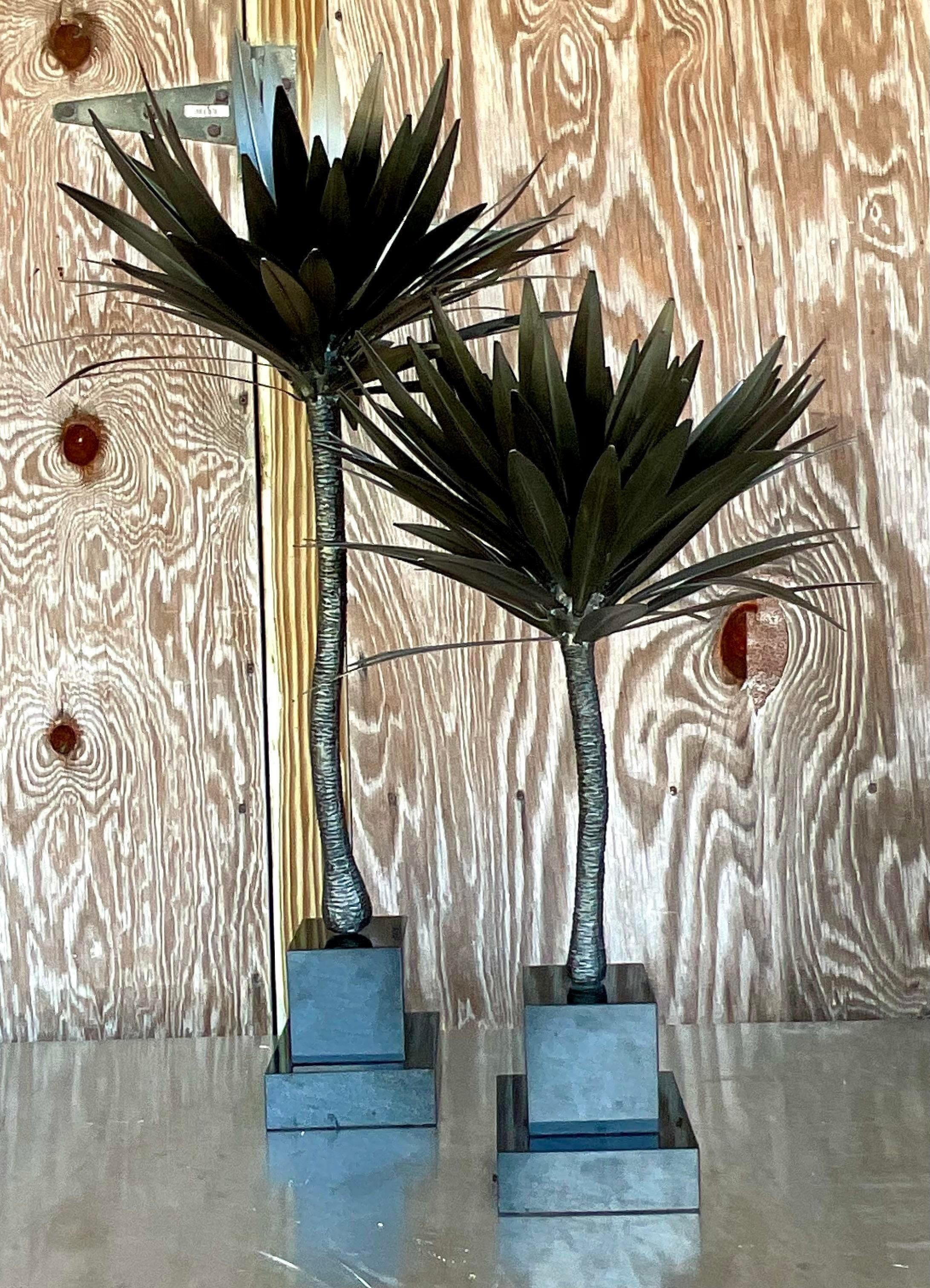 Vintage Coastal Punch Cut Metal Palm Tree - Set of 2 For Sale 1