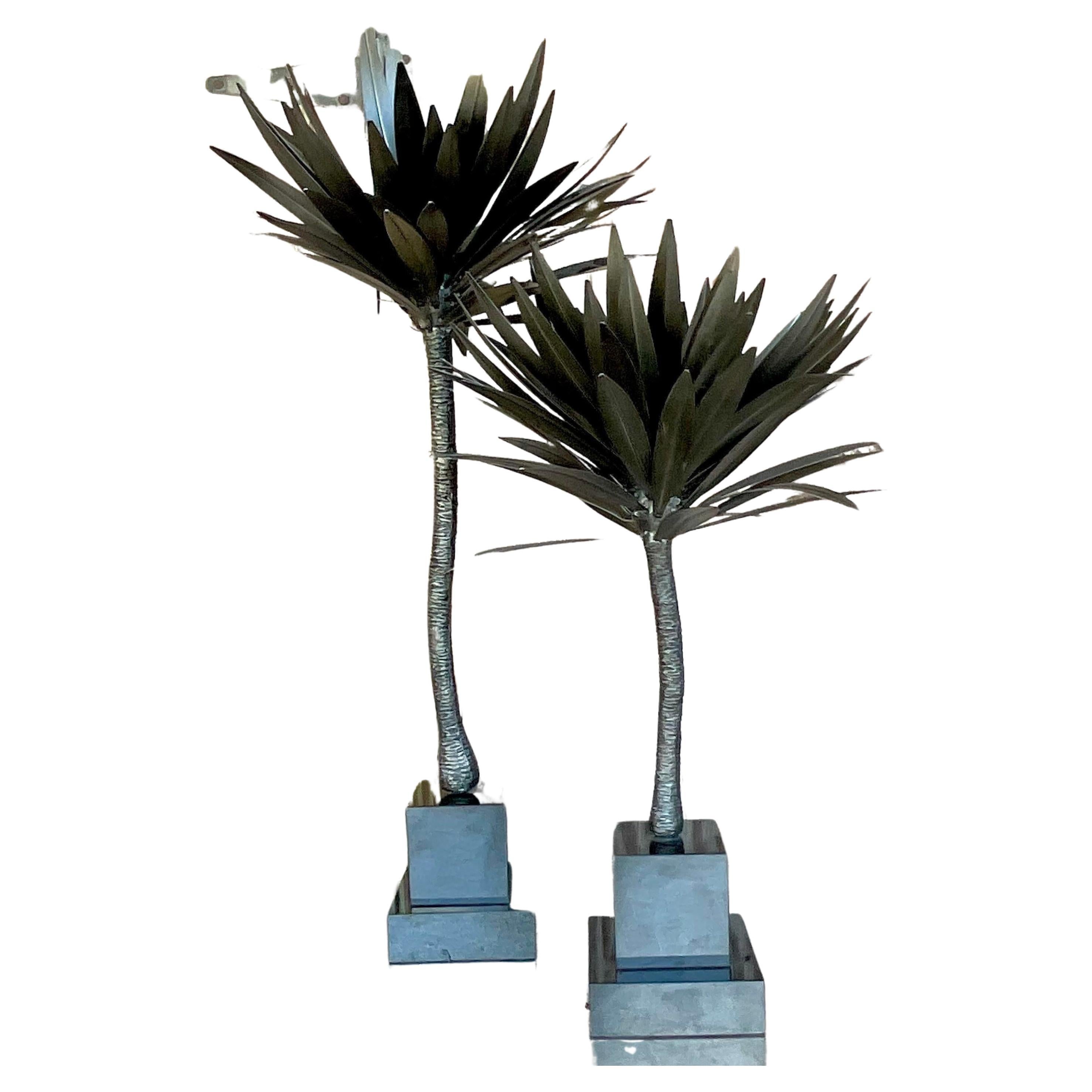 Vintage Coastal Punch Cut Metal Palm Tree - Set of 2 For Sale