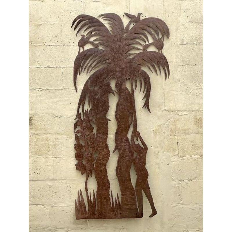 Make a monumental statement with this captivating Vintage Coastal Punch Cut Palm Tree Wall Sculpture, a unique work of art that beautifully marries rustic charm with tropical allure. This impressive piece is meticulously crafted from metal,
