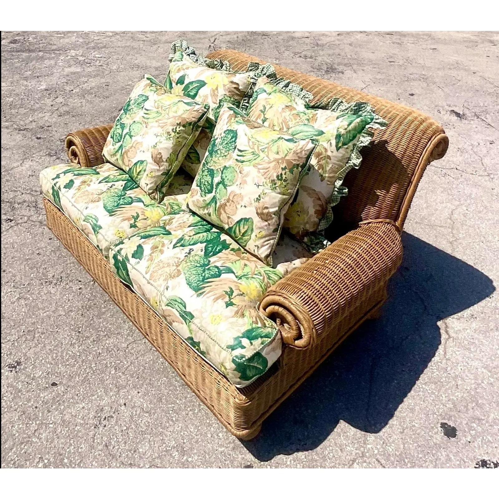 North American Vintage Coastal Ralph Lauren Woven Rattan Roll Arm Loveseat with Floral Cushions